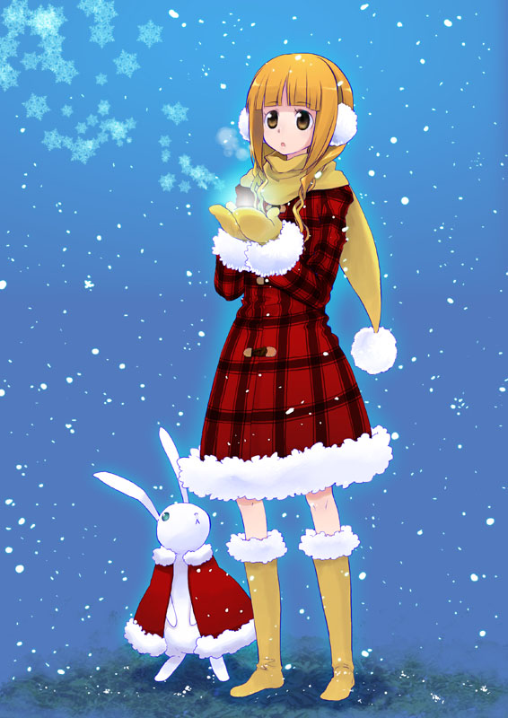 akitsu, akitsu mikami, alice (alice in wonderland), white rabbit (alice in wonderland), alice's adventures in wonderland, bad id, bad pixiv id, 1girl, boots, earmuffs, female focus, long hair, mittens, rabbit, scarf, snow, solo