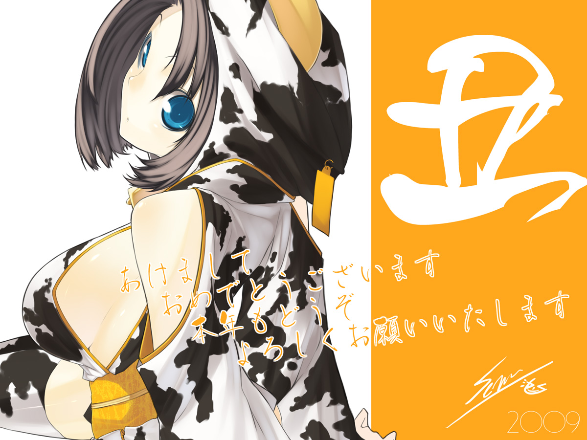 senmu (senmudayo), original, translation request, 1girl, animal print, blue eyes, breasts, cow print, female focus, hood, large breasts, looking back, short hair, sideboob, solo, tag