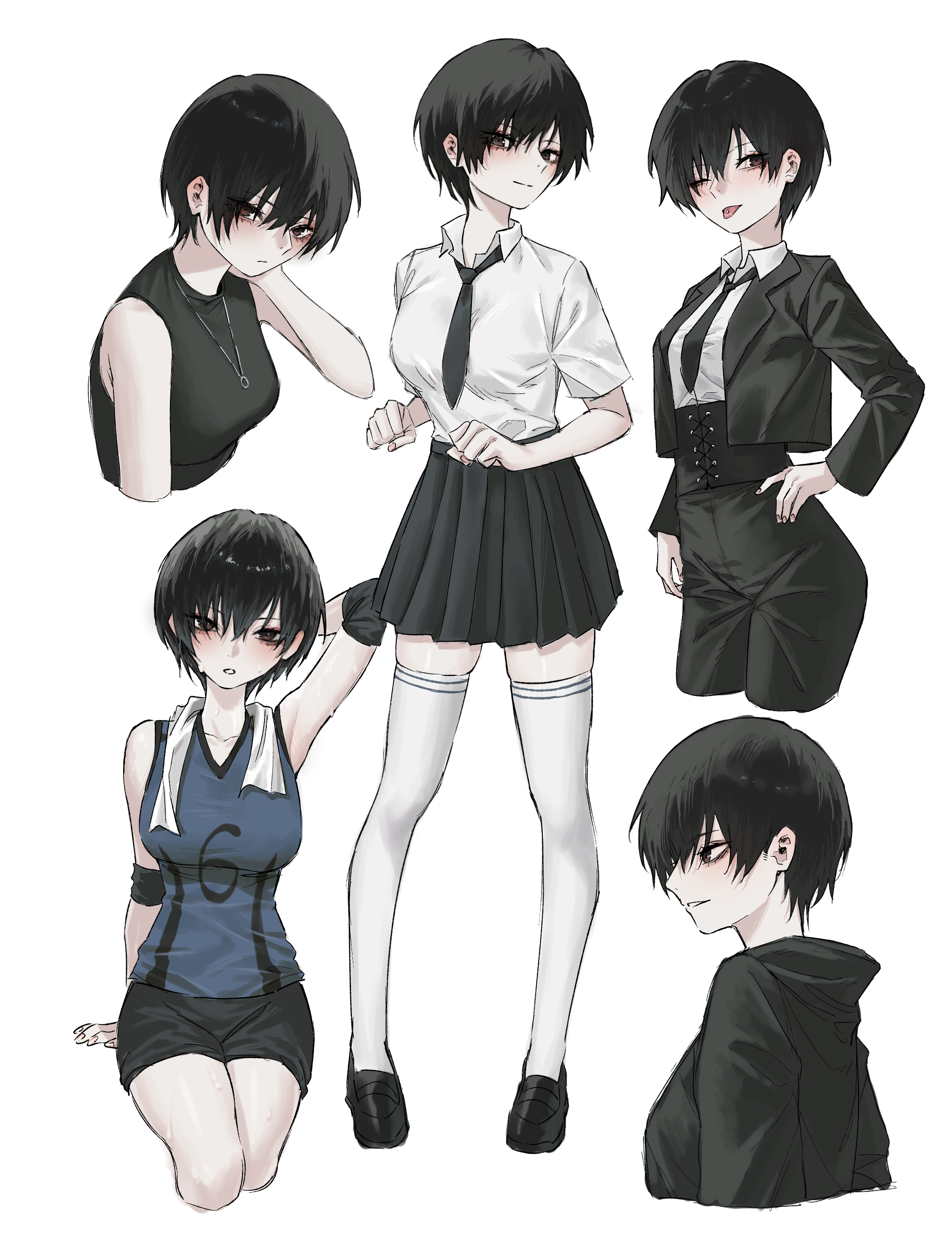 tyrezal, original, absurdres, commentary request, highres, 1girl, arm behind head, black corset, black hair, black jacket, black necktie, black pants, black shoes, black shorts, black skirt, blue shirt, breasts, brown eyes, closed mouth, corset, cropped legs, cropped torso, fingernails, full body, hand on own hip, hand on own neck, hood, hood down, jacket, jewelry, long sleeves, multiple views, necklace, necktie, open clothes, open jacket, pale skin, pants, piercing, shirt, shoes, short hair, short sleeves, shorts, simple background, sitting, skirt, sleeveless, sleeveless shirt, smile, standing, sweat, thighhighs, tomboy, tongue, tongue out, tongue piercing, v-neck, very short hair, white background, white shirt, white thighhighs