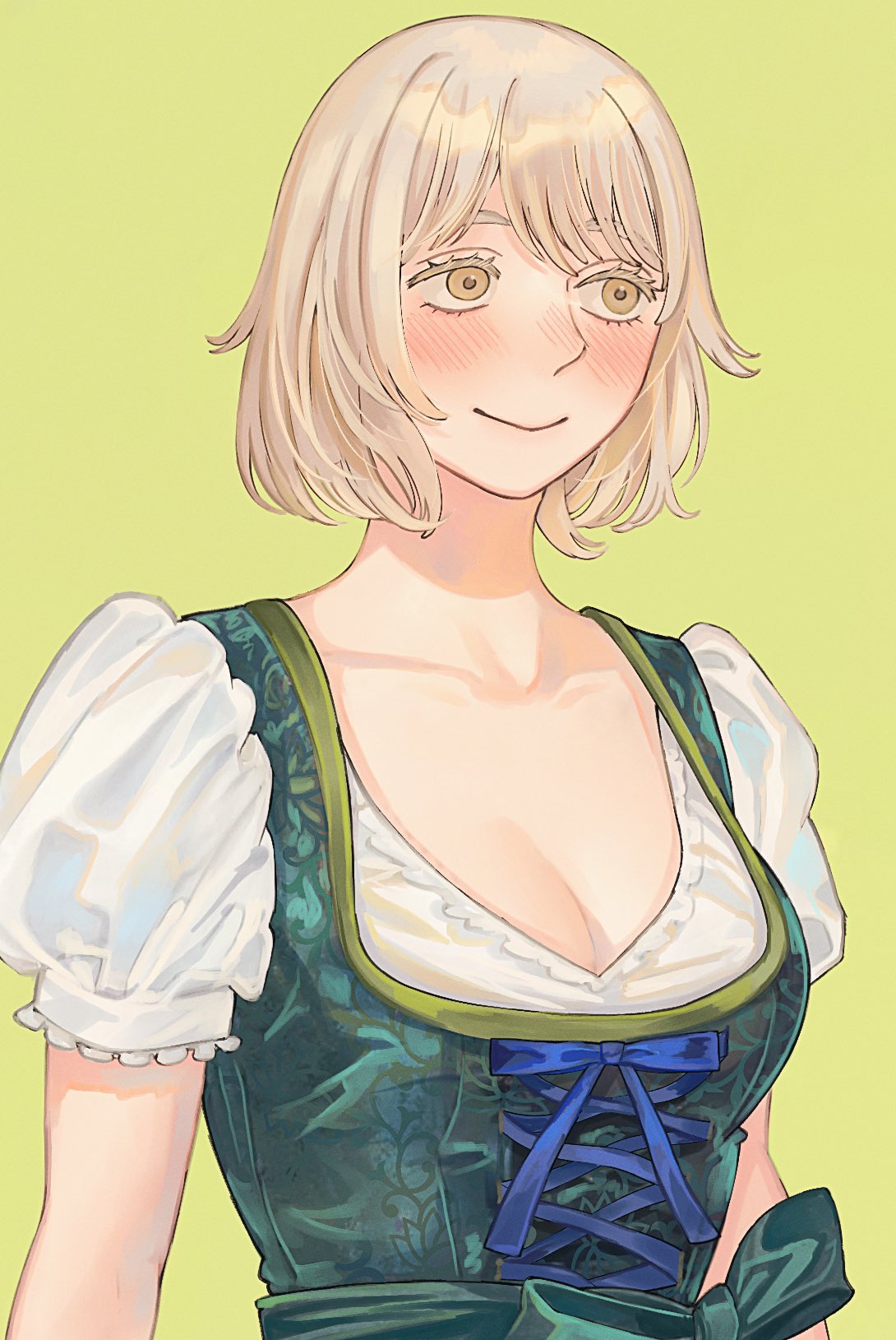 sasakura34, falin touden, falin touden (tallman), dungeon meshi, alt text, commentary request, highres, 1girl, alternate costume, blonde hair, blue ribbon, blush, bodice, bow, breasts, cleavage, closed mouth, colored eyelashes, cross-laced clothes, dirndl, german clothes, green background, green bow, looking ahead, puffy short sleeves, puffy sleeves, ribbon, shirt, short hair, short sleeves, simple background, smile, solo, upper body, v-neck, white shirt, yellow eyes