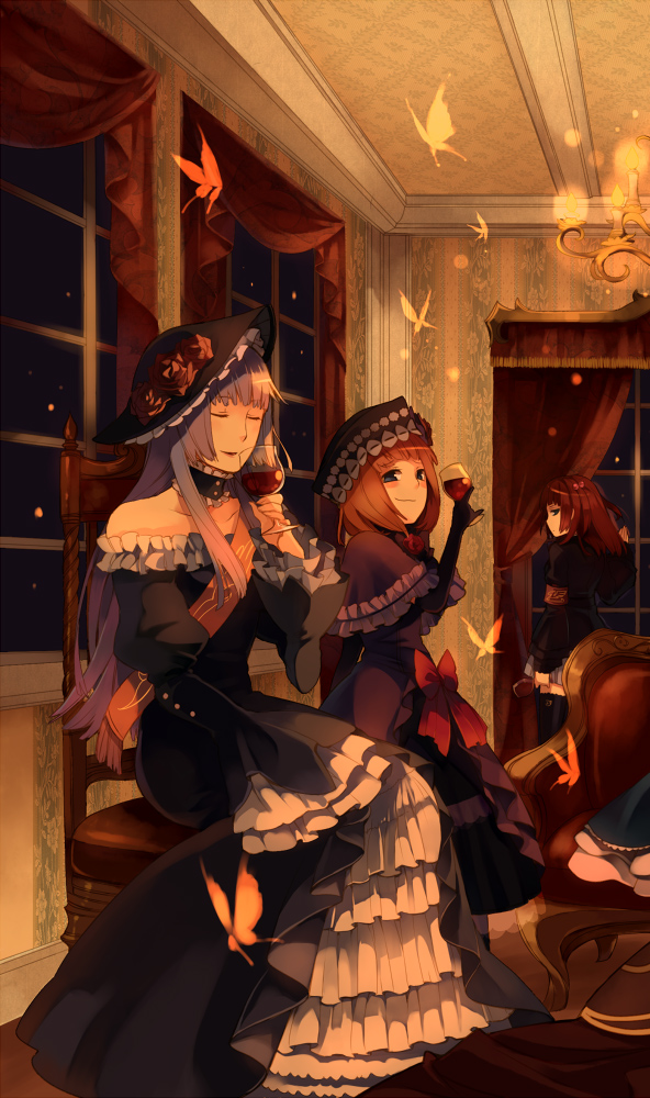 hanokage, eva beatrice, ushiromiya ange, virgilia (umineko), umineko no naku koro ni, silver hair, 00s, alcohol, armband, bug, butterfly, chair, closed eyes, dress, drink, frills, hair bobbles, hair ornament, hat, hime cut, indoors, insect, orange hair, red hair, red upholstery, sitting, skirt, thighhighs, wine