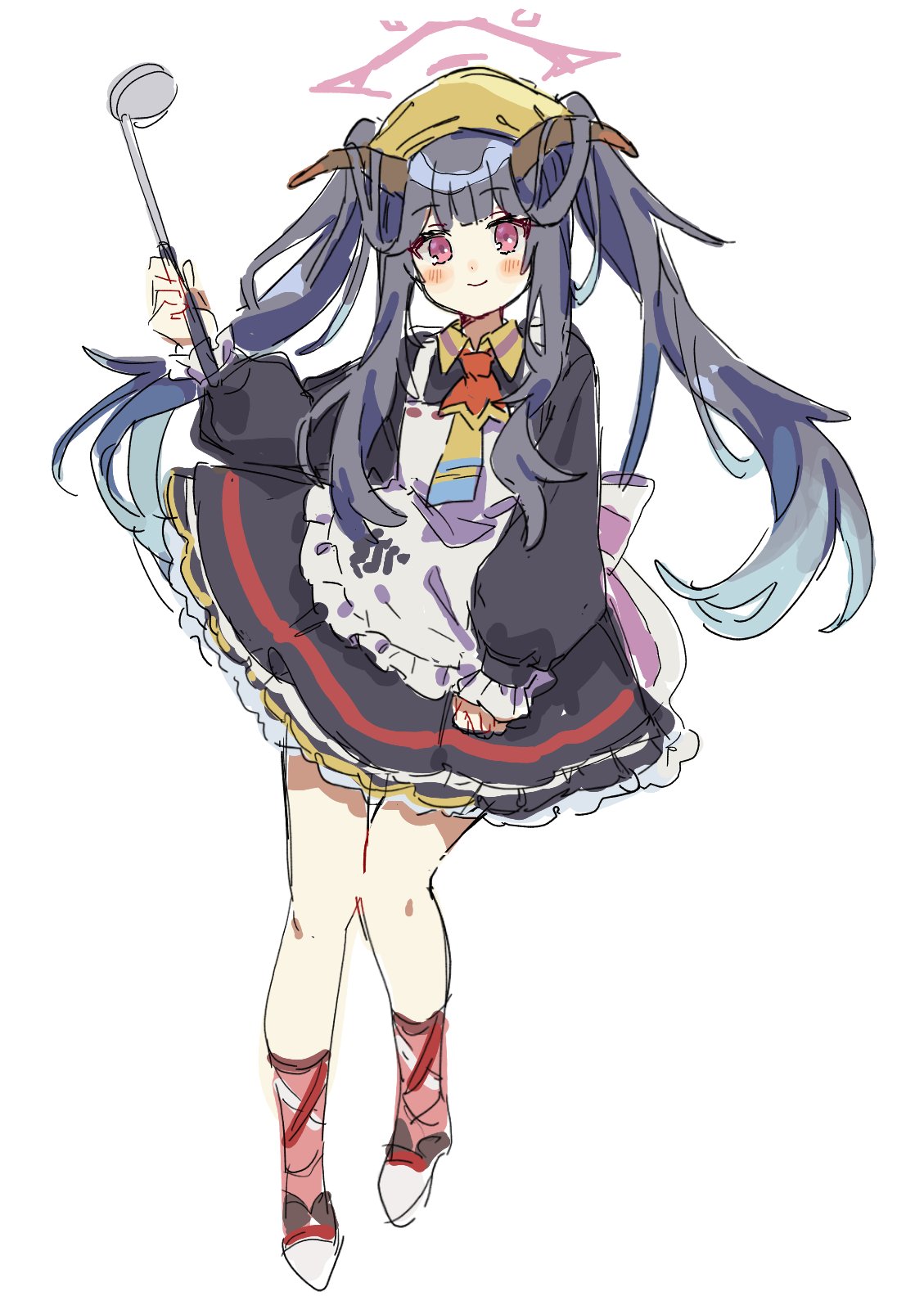 tokage (pr), fuuka (blue archive), blue archive, highres, 1girl, apron, ascot, bare legs, black dress, black hair, black shoes, blunt bangs, clenched hand, closed mouth, demon girl, demon horns, dress, frilled apron, frilled dress, frills, full body, gehenna academy logo, gradient hair, hair on horn, halo, hand up, headscarf, high heels, holding, holding ladle, horns, ladle, long hair, long sleeves, looking at viewer, multicolored hair, multicolored ribbon, pink ribbon, pink socks, puffy long sleeves, puffy sleeves, red ascot, red eyes, red halo, ribbon, school uniform, shoes, sidelocks, simple background, sketch, smile, socks, solo, standing, twintails, white apron, white background, white ribbon, yellow headscarf