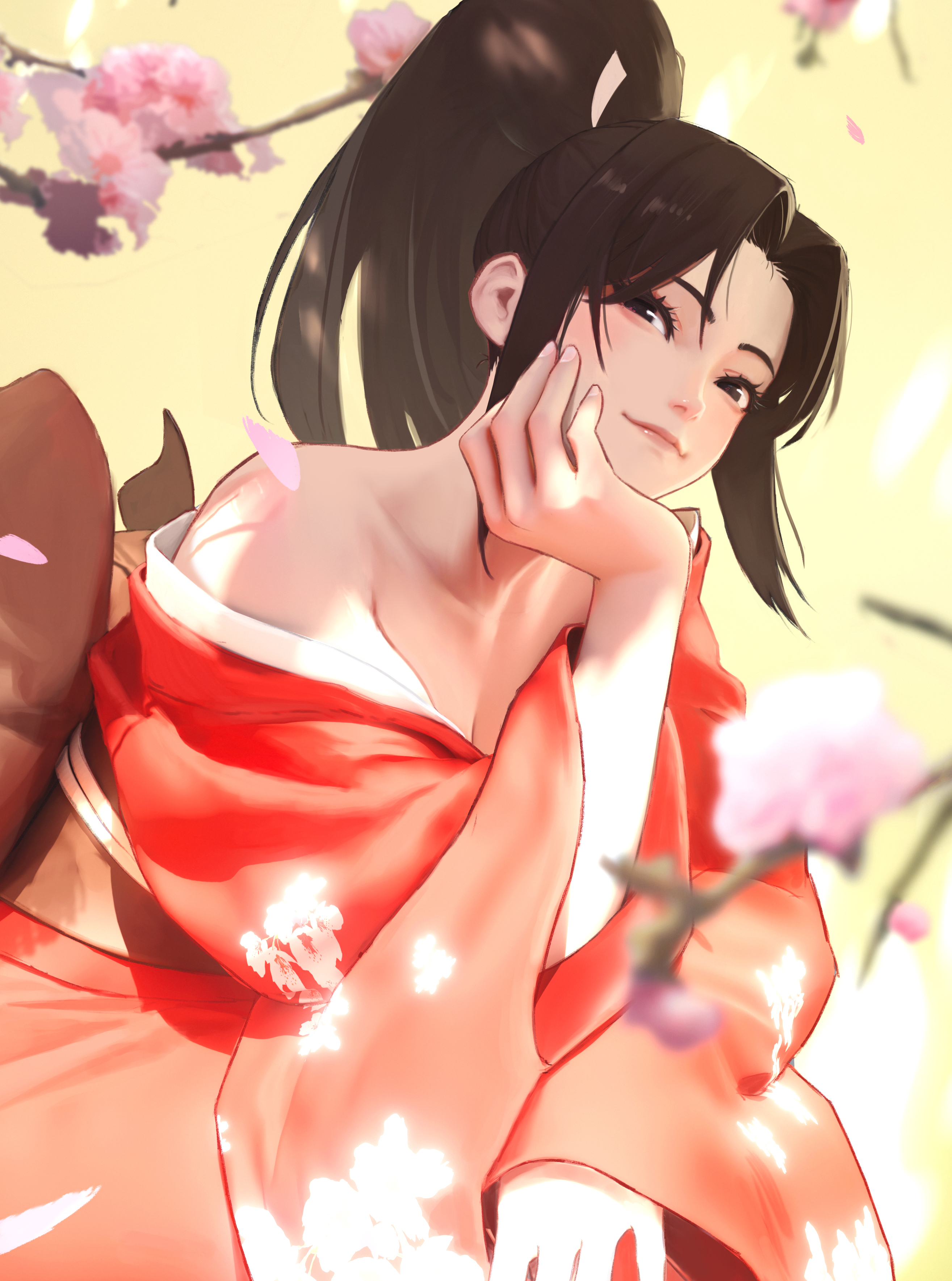 shiranui mai, fatal fury, absurdres, commentary request, highres, 1girl, 512081532, bare shoulders, brown hair, cherry blossoms, closed mouth, collarbone, eyelashes, fingernails, hair intakes, hand on own face, japanese clothes, kimono, lips, long hair, ponytail, red kimono, smile, solo, yellow background