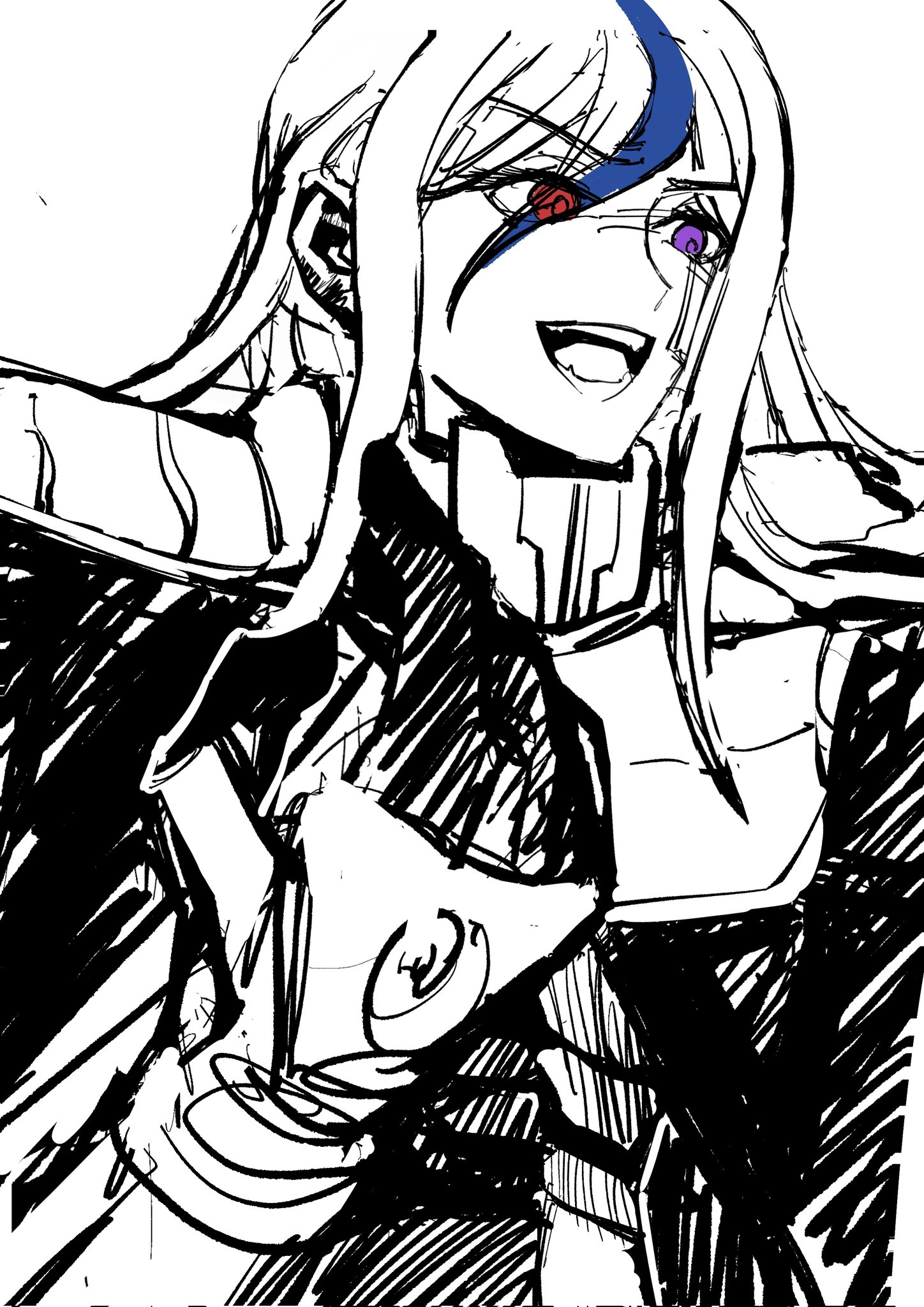 v'ehxness, the hundred line -last defense academy-, highres, 1girl, ake itw, armor, black gloves, blue streaks, cape, facial mark, gloves, gorget, heterochromia, long hair, looking at viewer, monochrome, multicolored hair, purple eyes, red eyes, school invader (hundred line), shoulder armor, smile, solo, spot color, streaked hair
