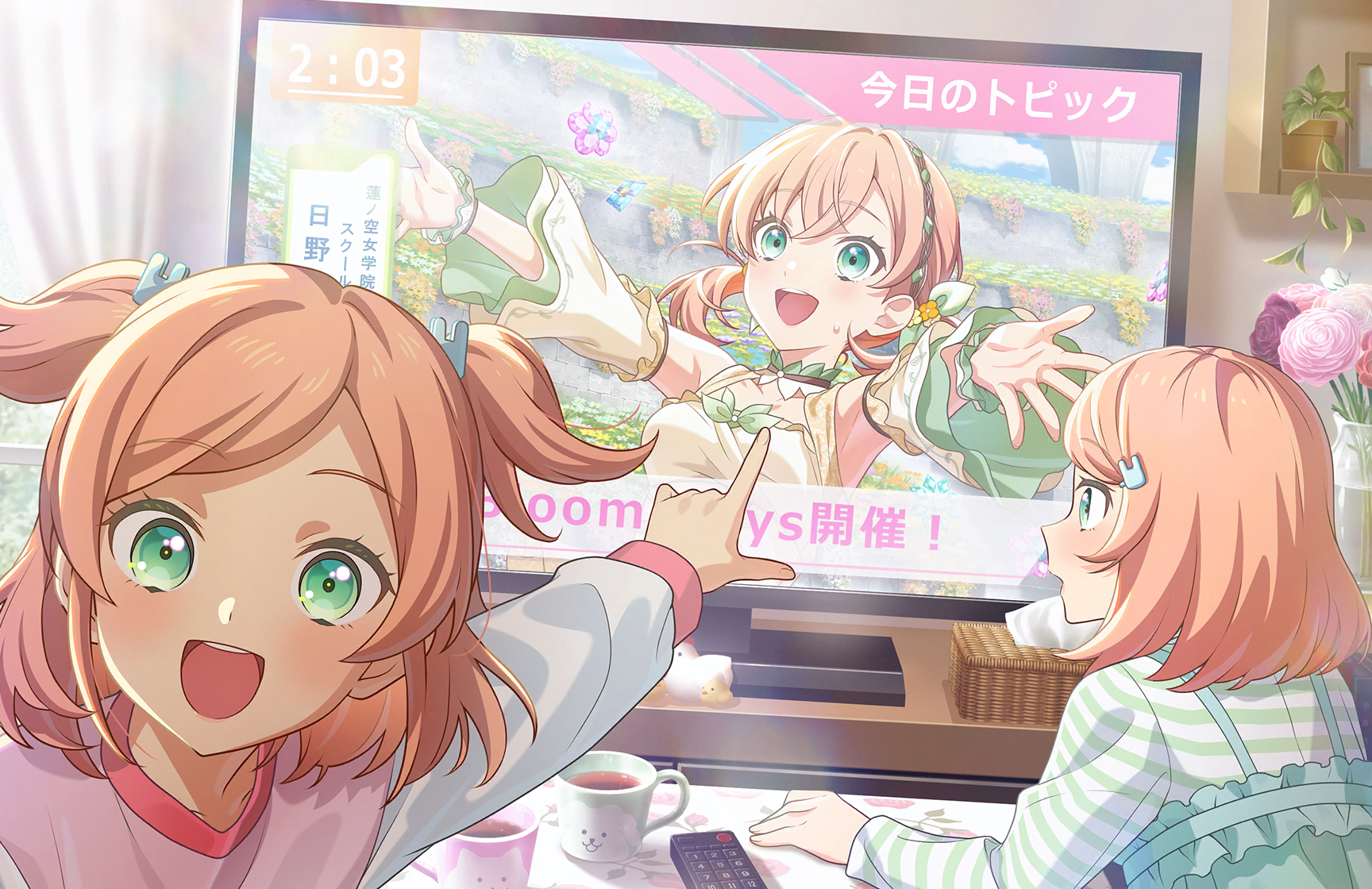 hinoshita futaba, hinoshita kaho, hinoshita minori, link! like! love live!, love live!, game cg, highres, non-web source, official art, 3girls, :d, aqua eyes, armpits, bare shoulders, blue dress, collarbone, controller, detached sleeves, dress, green shirt, hair ornament, hitoyo ni yume ga saku you ni, indoors, long sleeves, looking at viewer, low twintails, multiple girls, official alternate costume, open mouth, orange hair, outstretched arms, parted bangs, pinafore dress, pink shirt, pointing, rabbit hair ornament, remote control, shirt, sleeveless, sleeveless dress, smile, striped clothes, striped shirt, television, twintails, two side up, virtual youtuber, white dress, white sleeves