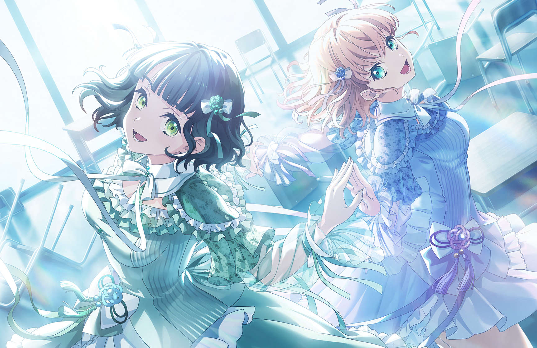 hinoshita kaho, momose ginko, link! like! love live!, love live!, game cg, highres, non-web source, official art, 2girls, :d, aqua eyes, black hair, blue shirt, bow, cerise bouquet, chair, cowboy shot, desk, green eyes, green shirt, hair bow, indoors, layered sleeves, long sleeves, looking at viewer, lower teeth only, miniskirt, multiple girls, official alternate costume, open mouth, orange hair, otome anthology (love live!), school chair, school desk, see-through clothes, see-through sleeves, shirt, short hair, short over long sleeves, short sleeves, skirt, sleeve ribbon, smile, teeth, virtual youtuber, wavy hair, white bow, white skirt
