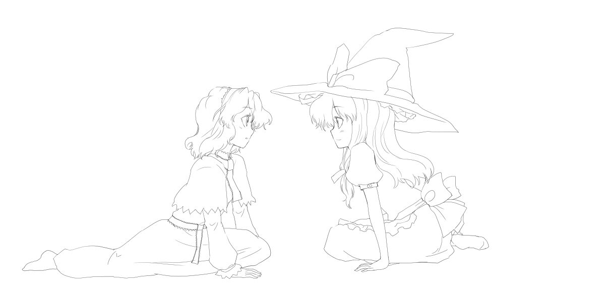 kiriu, alice margatroid, kirisame marisa, touhou, bad id, bad pixiv id, 2girls, eye contact, female focus, greyscale, hairband, hat, looking at another, monochrome, multiple girls, profile, short hair, sitting, witch, witch hat