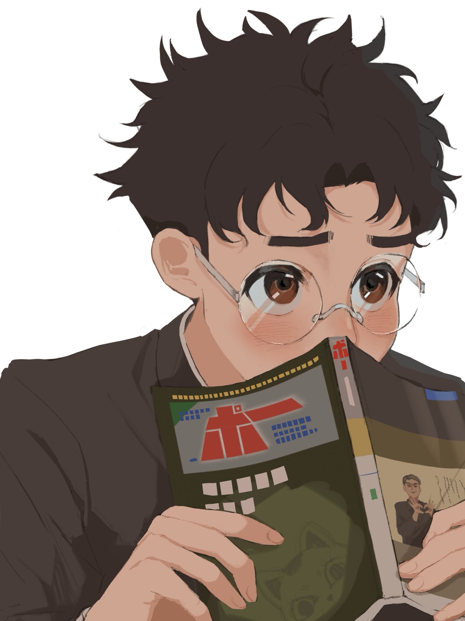 takakura ken (dandadan), dandadan, highres, 1boy, black hair, black jacket, blush, book, brown eyes, covering own mouth, gakuran, glasses, holding, holding book, j8s9x60873, jacket, male focus, parted bangs, round eyewear, school uniform, short hair, solo, upper body, white background