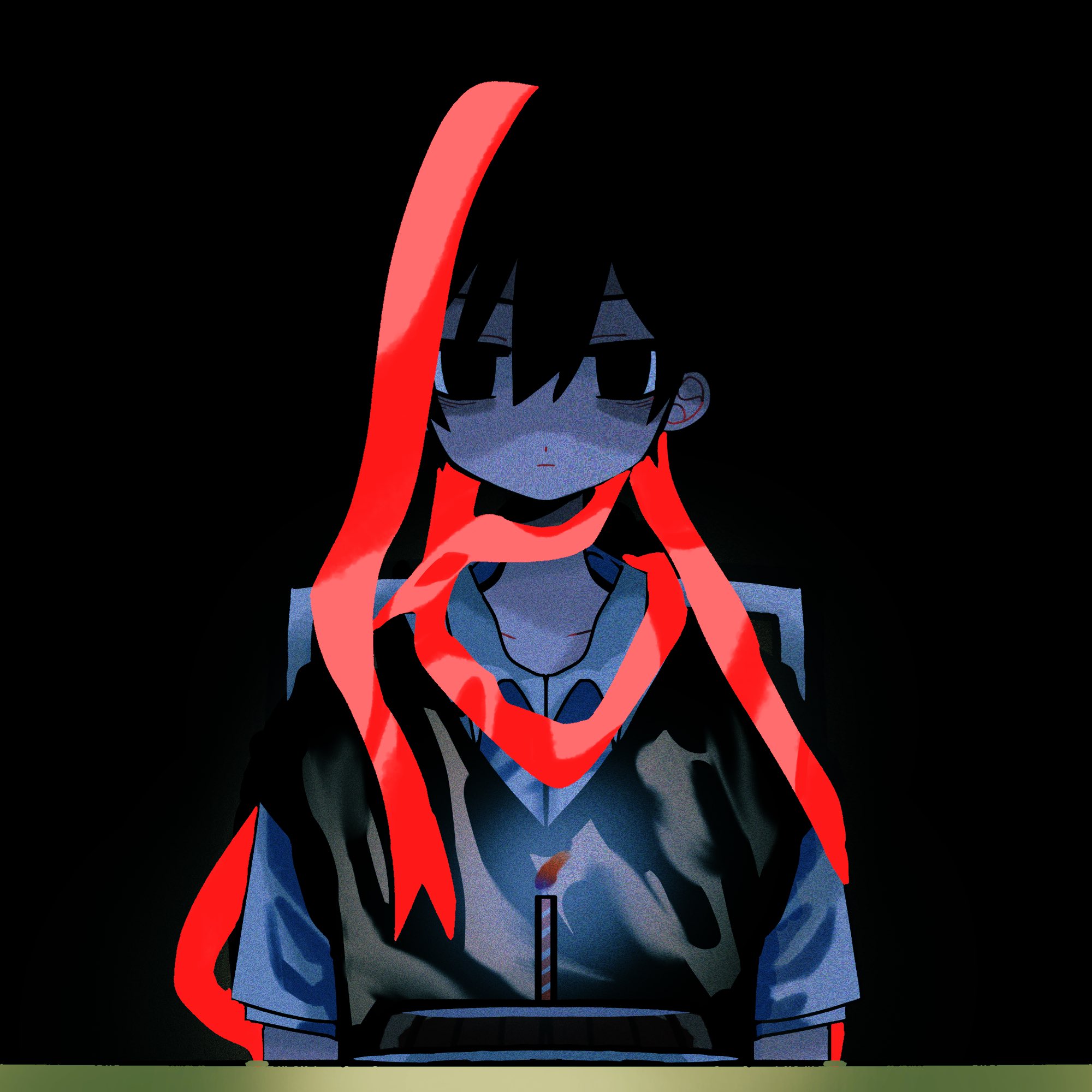 kobanzame omo, sunny (omori), omori, commentary, english commentary, highres, 1boy, arms at sides, bags under eyes, black background, black eyes, black hair, black sweater vest, cake, candle, closed mouth, collarbone, collared shirt, double-parted bangs, empty eyes, expressionless, film grain, food, glowing, hair between eyes, jitome, looking at viewer, male focus, no pupils, red ribbon, ribbon, shirt, short hair, short sleeves, simple background, solo, straight-on, sweater vest, table, upper body, very short hair, white shirt
