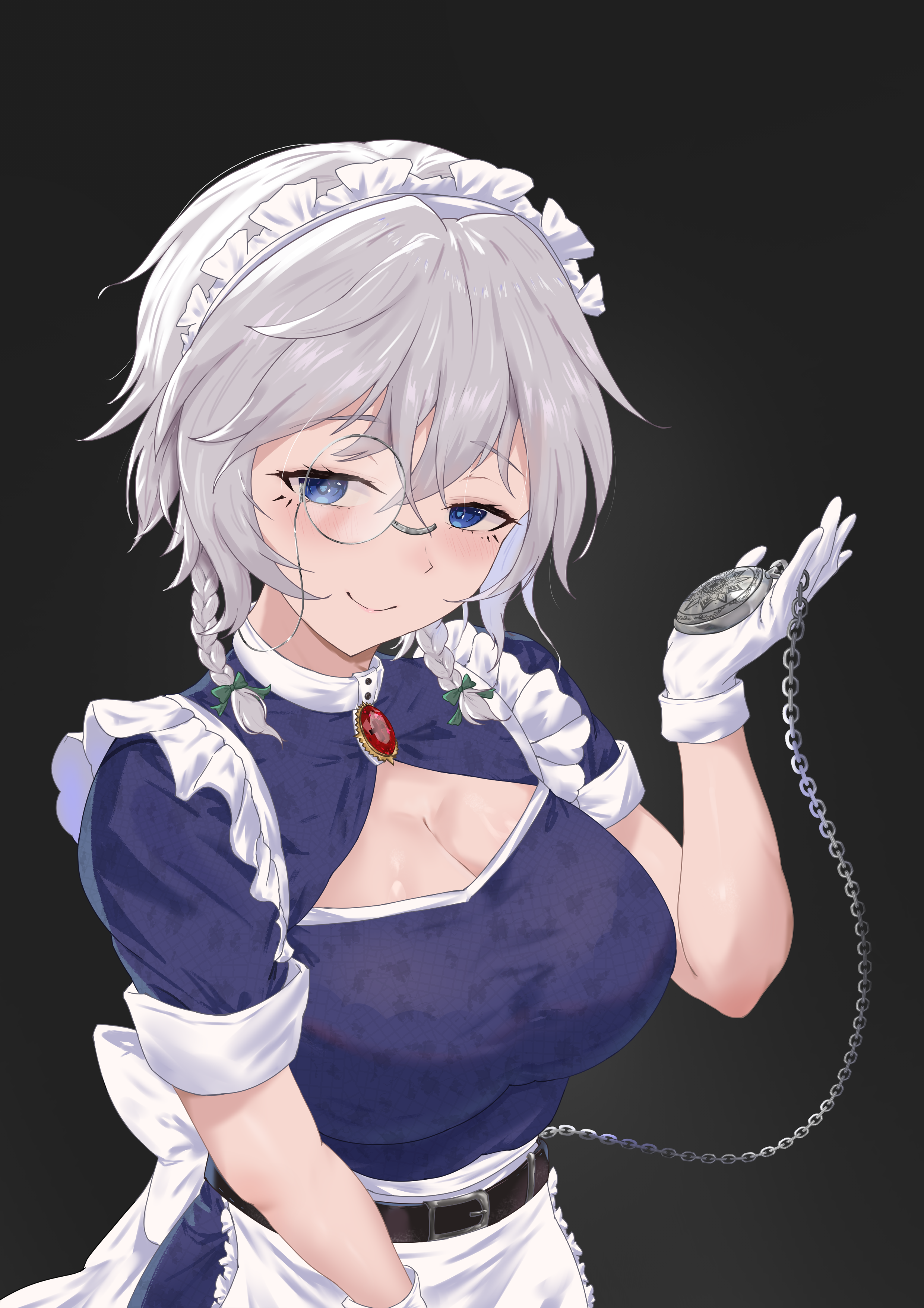 mo zhu, izayoi sakuya, touhou, absurdres, commentary request, highres, 1girl, apron, armor, back bow, belt, black background, blue dress, blue eyes, blush, bow, braid, breasts, brown belt, chain, cleavage, cleavage cutout, closed mouth, clothing cutout, dress, eyelashes, gem, gloves, green bow, grey hair, hair between eyes, hair bow, hand up, large breasts, looking at viewer, maid, maid headdress, medium hair, messy hair, monocle, pocket watch, red gemstone, short sleeves, simple background, smile, solo, twin braids, waist apron, watch, white armor, white bow, white gloves