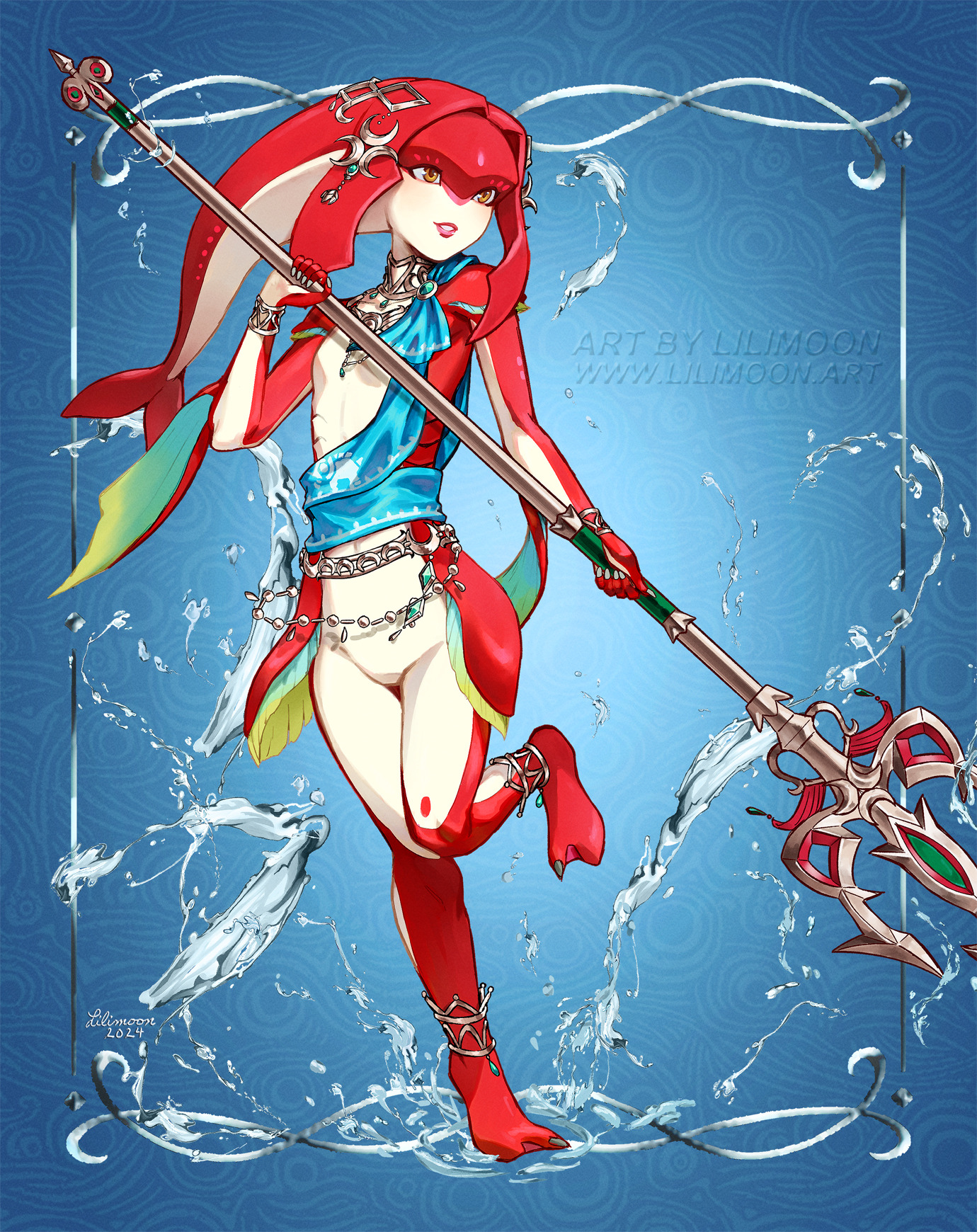 mipha, nintendo, the legend of zelda, the legend of zelda: breath of the wild, highres, 1girl, blue background, border, colored skin, fins, fish girl, hair ornament, holding, holding polearm, holding weapon, jewelry, lilimoon draws, long hair, looking at viewer, monster girl, multicolored skin, no eyebrows, open mouth, outside border, pointy ears, polearm, red hair, red skin, smile, solo, spear, water, weapon, white border, yellow eyes, zora