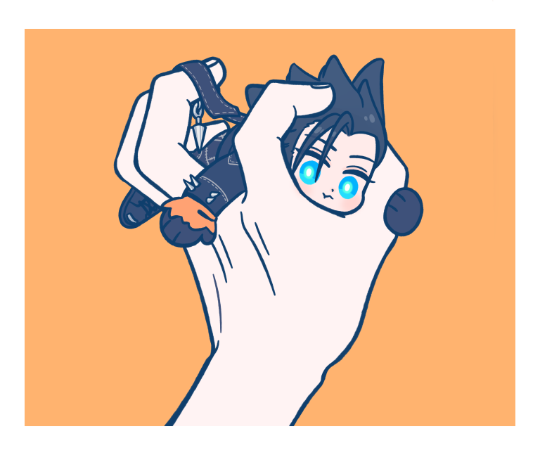 105zz, zack fair, zack fair (black hound), final fantasy, final fantasy vii, final fantasy vii ever crisis, 1boy, animal ears, black boots, black gloves, black hair, black jacket, black pantyhose, blue eyes, boots, border, dog ears, full body, gloves, hair slicked back, hood, hood down, hoodie, in palm, jacket, jacket over hoodie, kemonomimi mode, male focus, medium hair, official alternate costume, orange background, orange hoodie, pantyhose, solo, studded jacket, white border
