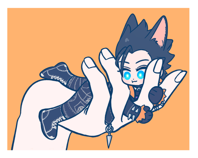 105zz, zack fair, zack fair (black hound), final fantasy, final fantasy vii, final fantasy vii ever crisis, 1boy, animal ears, black boots, black gloves, black hair, black jacket, black pantyhose, blue eyes, boots, border, dog ears, full body, gloves, hair slicked back, hood, hood down, hoodie, in palm, jacket, jacket over hoodie, kemonomimi mode, male focus, medium hair, official alternate costume, orange background, orange hoodie, pantyhose, solo, studded jacket, white border