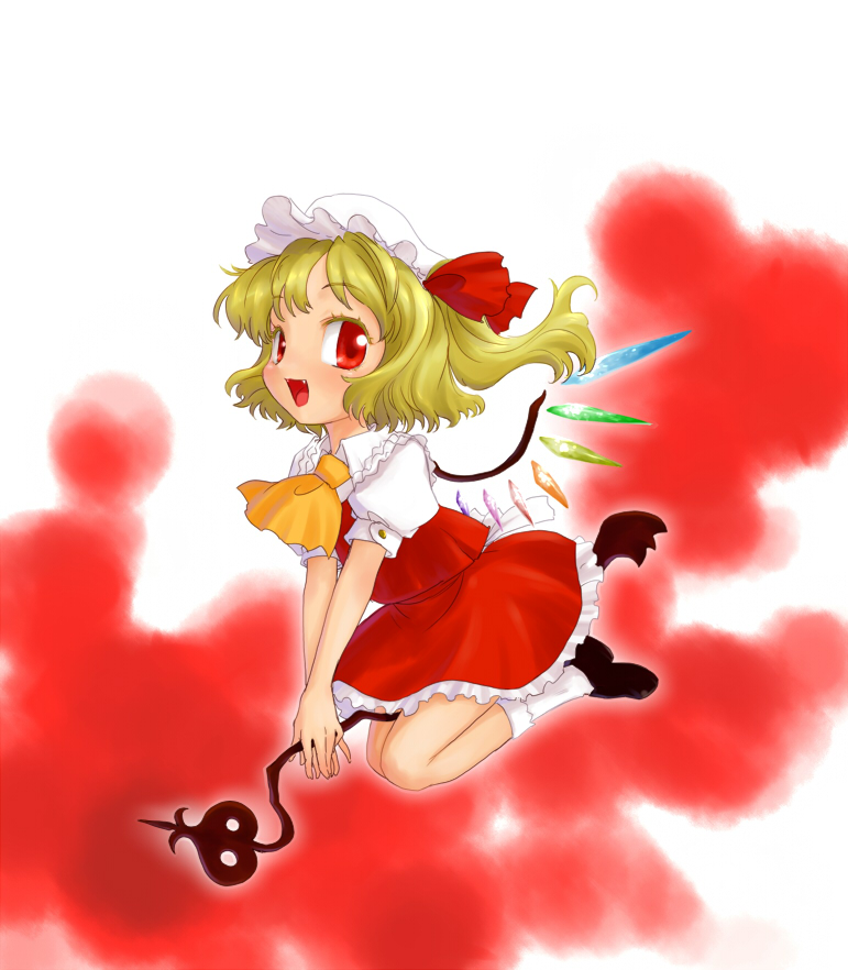 kiriu, flandre scarlet, embodiment of scarlet devil, touhou, bad id, bad pixiv id, 1girl, between thighs, blonde hair, bobby socks, fangs, female focus, flying, full body, hat, laevatein, loafers, open mouth, red eyes, ribbon, riding, shoes, short hair, smile, socks, solo, thighs, v arms, vampire, wings