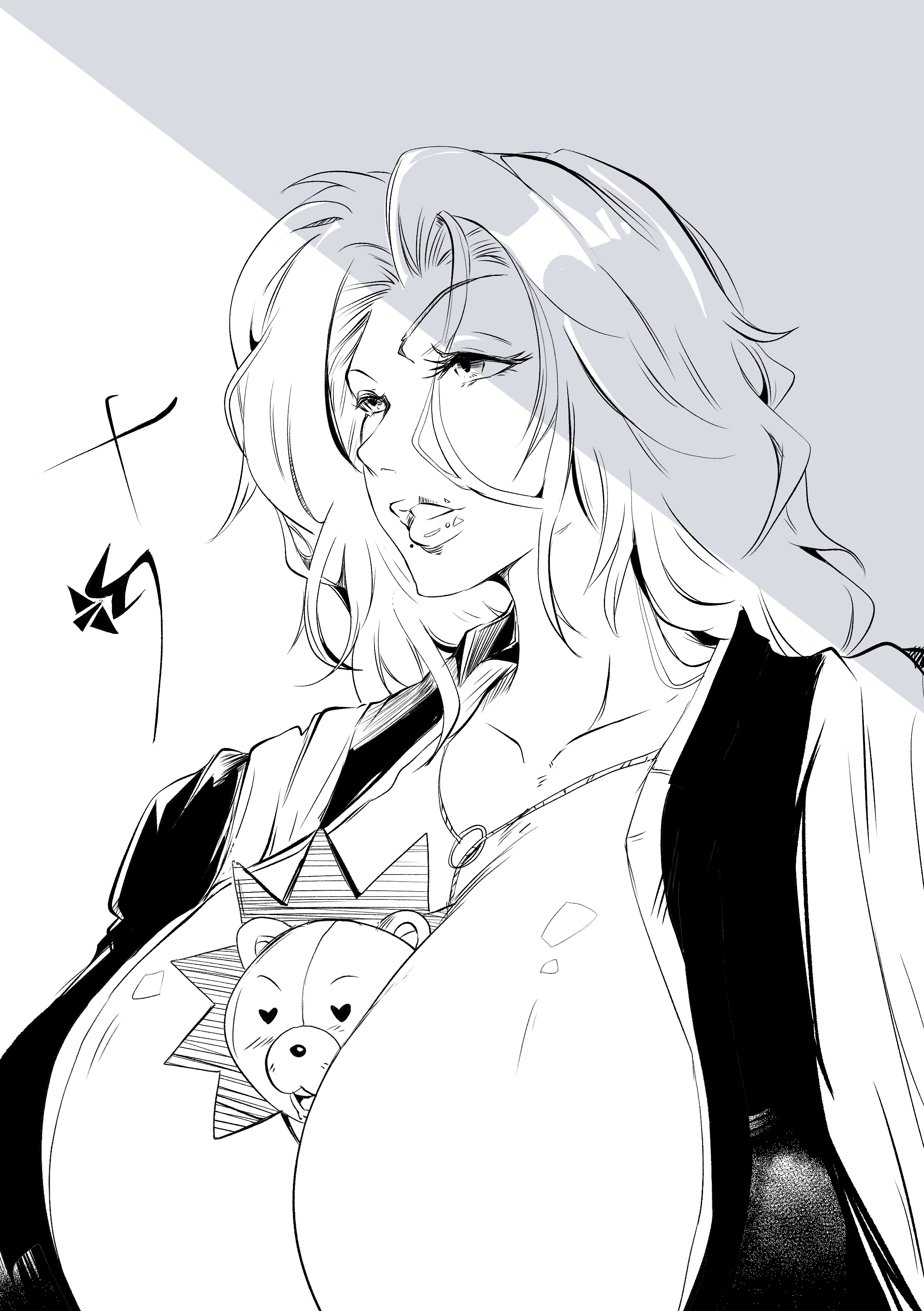 rickyxstudio, kon (bleach), matsumoto rangiku, bleach, commentary, english commentary, 1boy, 1girl, breasts, chain, chain necklace, collarbone, japanese clothes, jewelry, large breasts, lips, medium hair, mole, mole under mouth, monochrome, necklace, shawl, shihakusho, shiny skin, simple background, stuffed animal, stuffed lion, stuffed toy, upper body