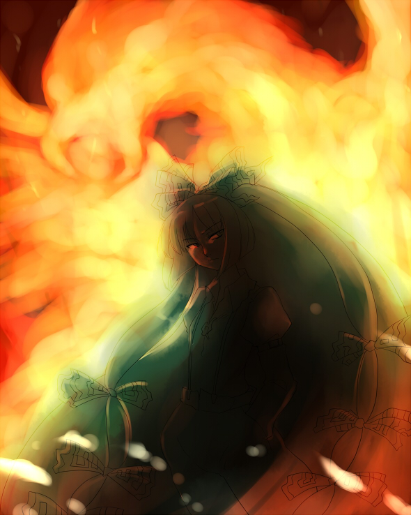 kiriu, fujiwara no mokou, touhou, bad id, bad pixiv id, 1girl, female focus, fire, hair ribbon, long hair, ribbon, solo