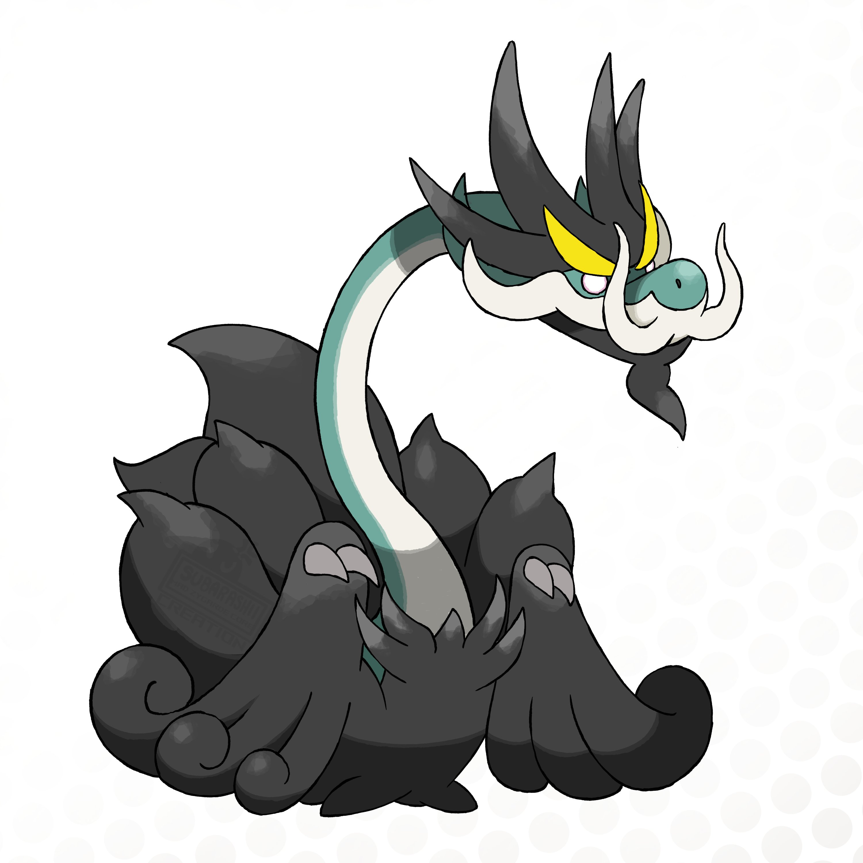 madzygardecore, drampa, nintendo, pokemon, absurdres, highres, spoilers, aqua skin, black fur, colored skin, dragon, facial hair, gen 7 pokemon, goatee, horns, long neck, mega drampa, mega pokemon, mustache, pokemon (creature), pokemon focus, v-shaped eyebrows