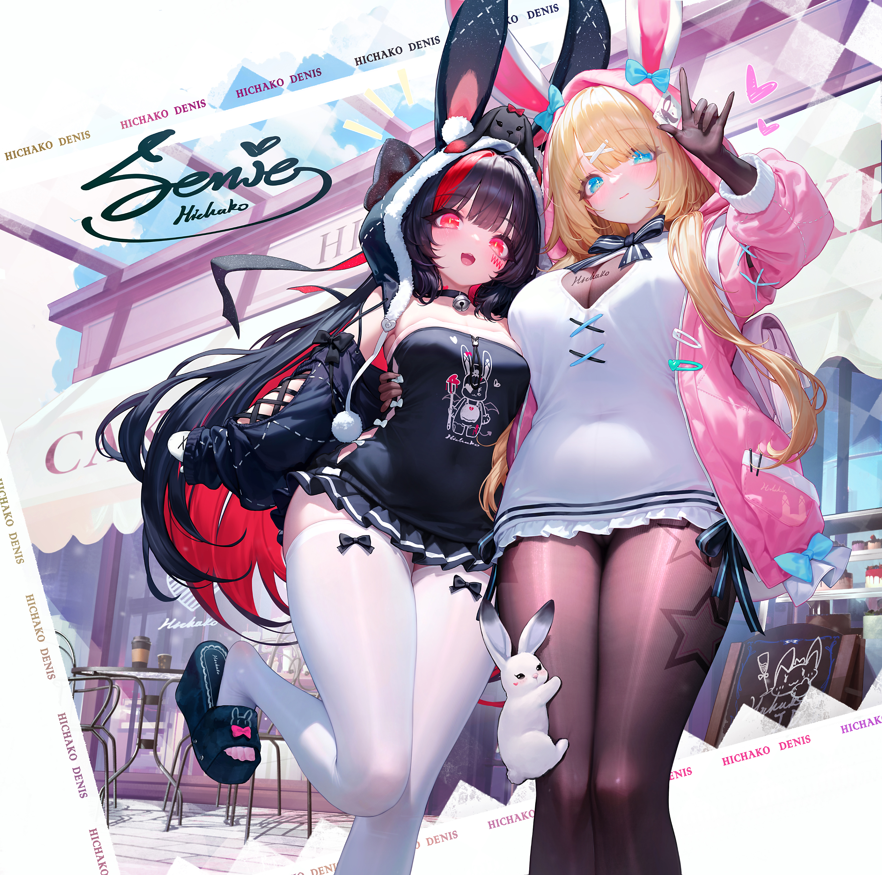 dk.senie, original, black bodystocking, absurdres, highres, 2girls, animal ears, bell, blonde hair, blue eyes, blunt bangs, bodystocking, breasts, cleavage cutout, clothing cutout, colored inner hair, detached sleeves, hood, hood up, jacket, large breasts, long hair, medium breasts, multicolored hair, multiple girls, neck bell, open clothes, open jacket, open mouth, pantyhose, pleated skirt, rabbit ears, red eyes, skirt, streaked hair, thighhighs, two-tone hair, white thighhighs