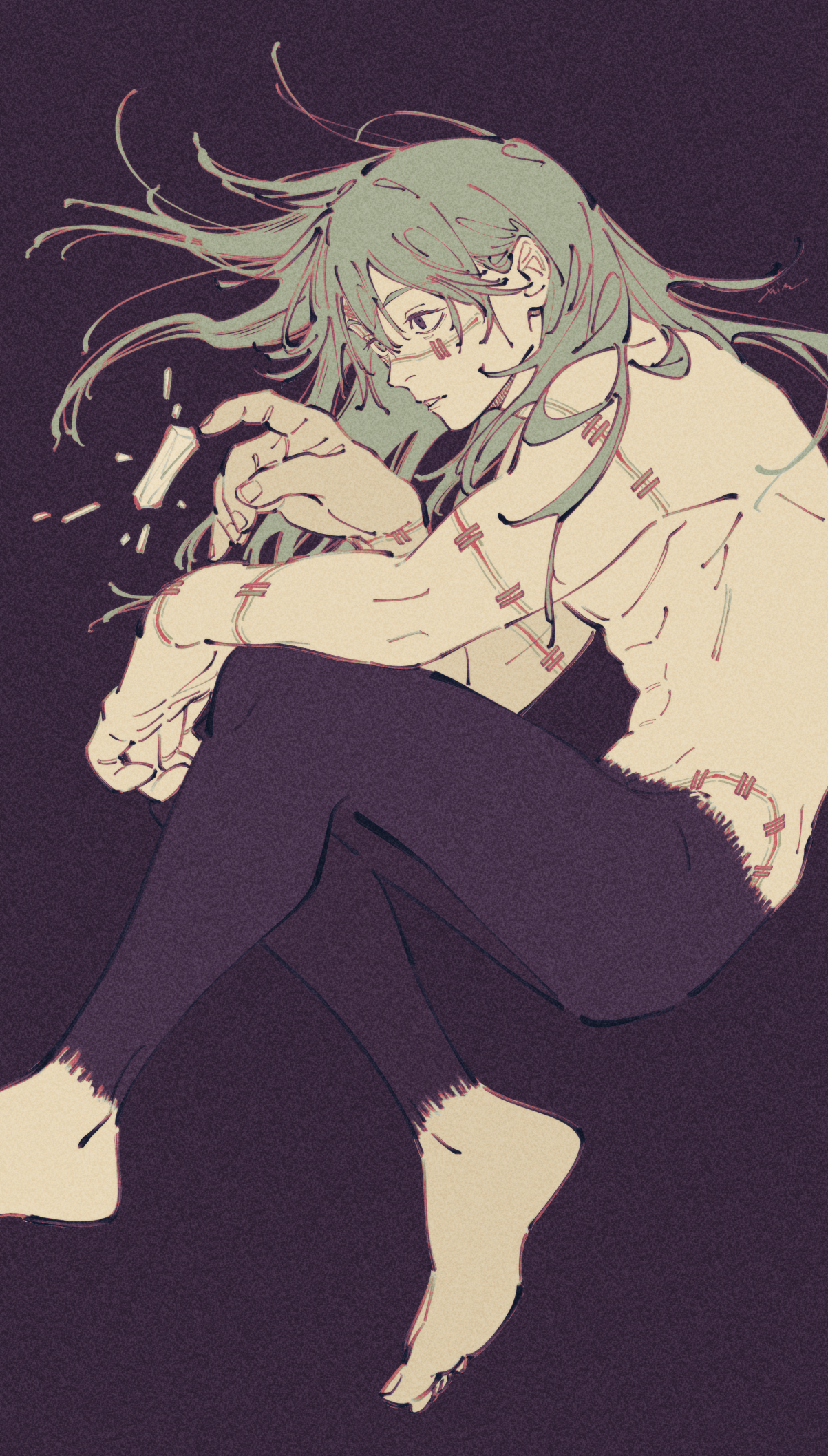 mim (mimya0600), mahito (jujutsu kaisen), jujutsu kaisen, commentary, highres, 1boy, arm on knee, barefoot, black background, blue eyes, cursed spirit (jujutsu kaisen), film grain, fingernails, floating hair, from side, green hair, long hair, looking at object, male focus, parted bangs, parted lips, profile, simple background, solo, stitched arm, stitched face, stitched groin, stitched wrist, stitches, topless male