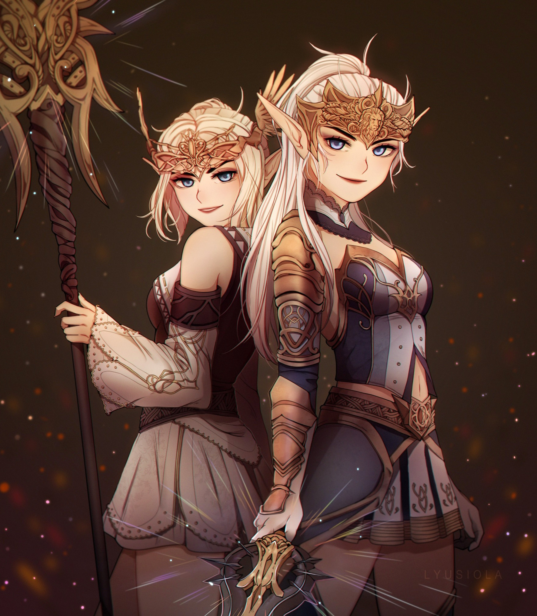 lyusiola, lineage, character request, commentary, highres, 2girls, arm armor, armor, artist name, bare shoulders, blonde hair, blue eyes, breasts, brown background, brown dress, collar, cowboy shot, detached sleeves, dress, eyelashes, forehead protector, from side, holding, holding staff, holding sword, holding weapon, lace-trimmed collar, lace trim, light particles, long hair, long pointy ears, looking at viewer, medium breasts, midriff peek, multiple girls, navel, pointy ears, ponytail, shoulder armor, skirt, sparkle, staff, sword, watermark, weapon, white collar, white hair, white skirt, white sleeves, wide sleeves