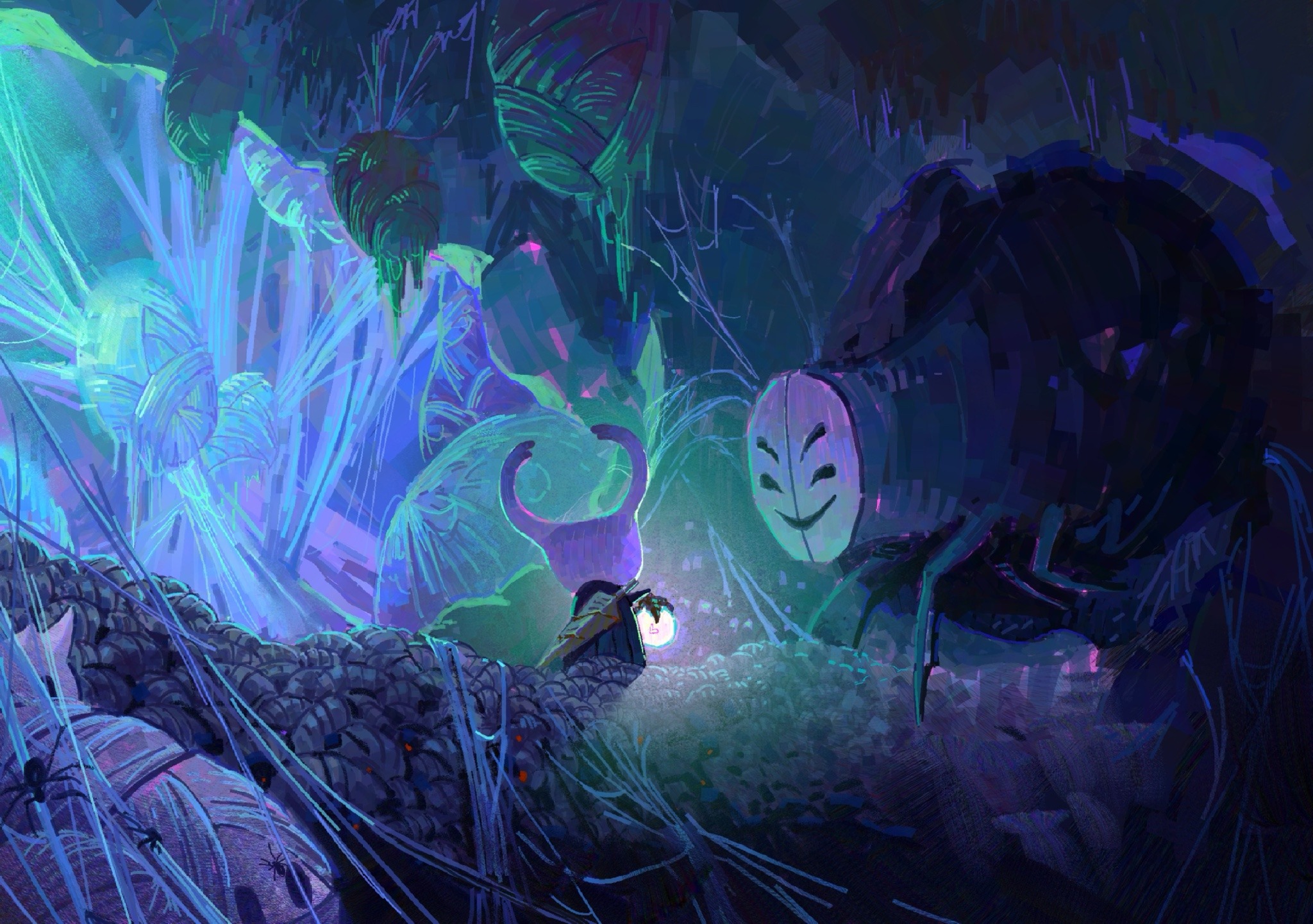 frozensoba, knight (hollow knight), midwife (hollow knight), hollow knight, highres, arthropod boy, bug, cocoon, horns, lantern, mask, nail (hollow knight), silk, smile, spider, spider web