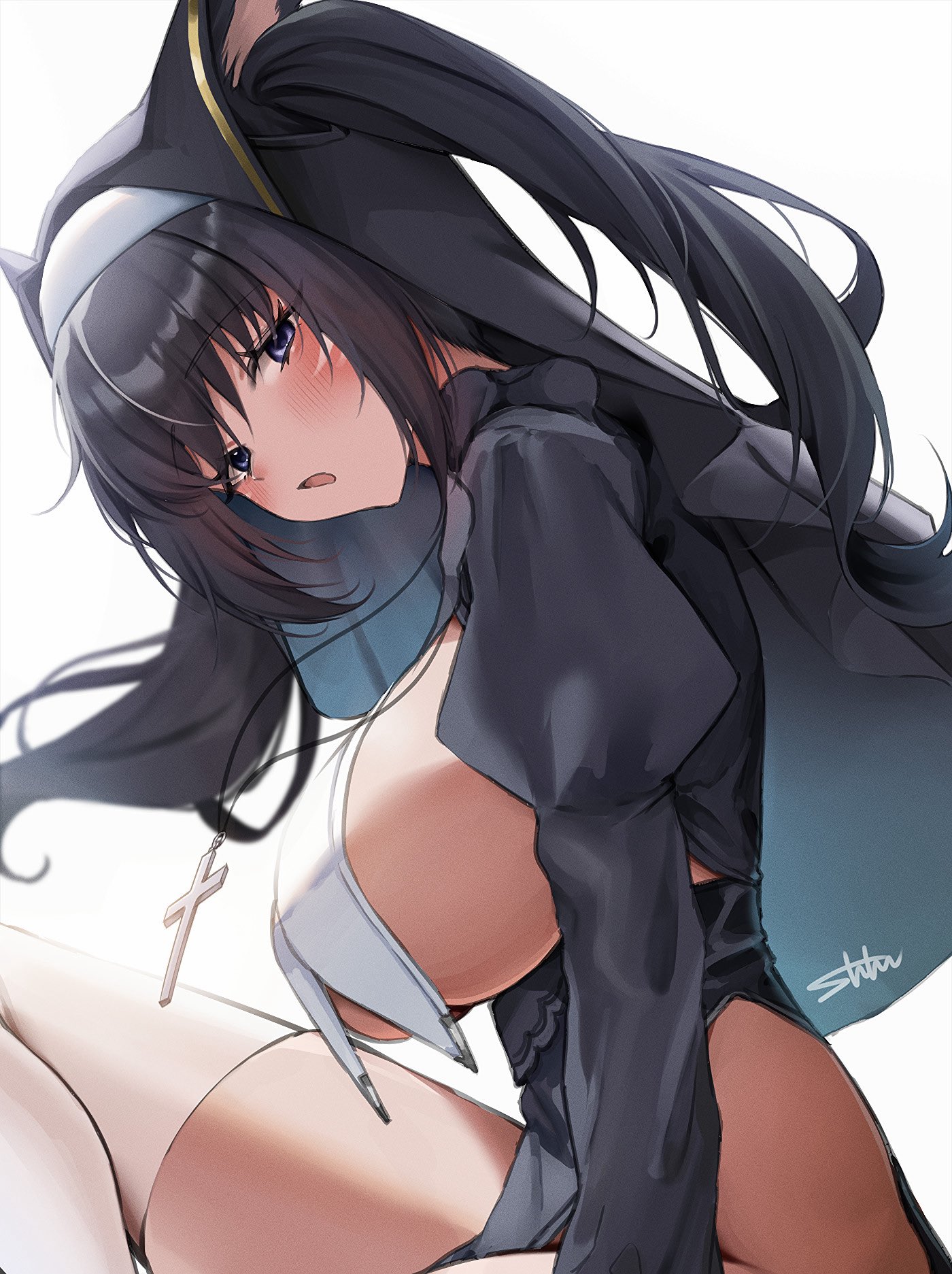 shhilee, warrior of light (ff14), final fantasy, final fantasy xiv, highres, 1girl, black eyes, black hair, breast curtains, breasts, ears through headwear, facial mark, large breasts, long sleeves, miqo'te, nun, open mouth, puffy long sleeves, puffy sleeves, sitting, solo, thighhighs, twintails, whisker markings, white thighhighs