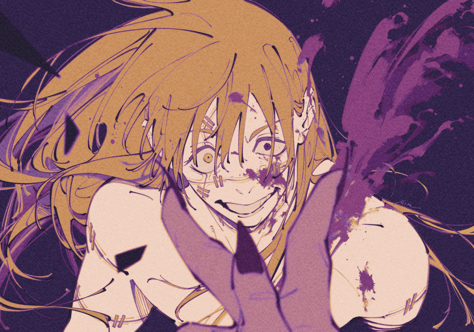 mim (mimya0600), mahito (jujutsu kaisen), ryoumen sukuna (jujutsu kaisen), jujutsu kaisen, commentary, 2boys, alternate color, black nails, blood, cutting, fingernails, heterochromia, long fingernails, long hair, male focus, multiple boys, pov, pov hands, sharp fingernails, stitched arm, stitched face, stitched neck, stitches, yellow eyes