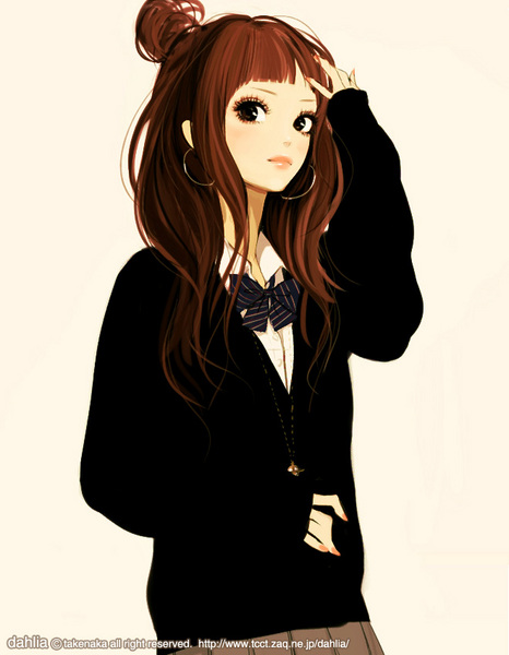 takenaka, original, resized, 1girl, black eyes, brown eyes, brown hair, cardigan, earrings, fashion, hoop earrings, jewelry, kogal, long hair, necklace, pixiv thumbnail, school uniform, skirt, sweater