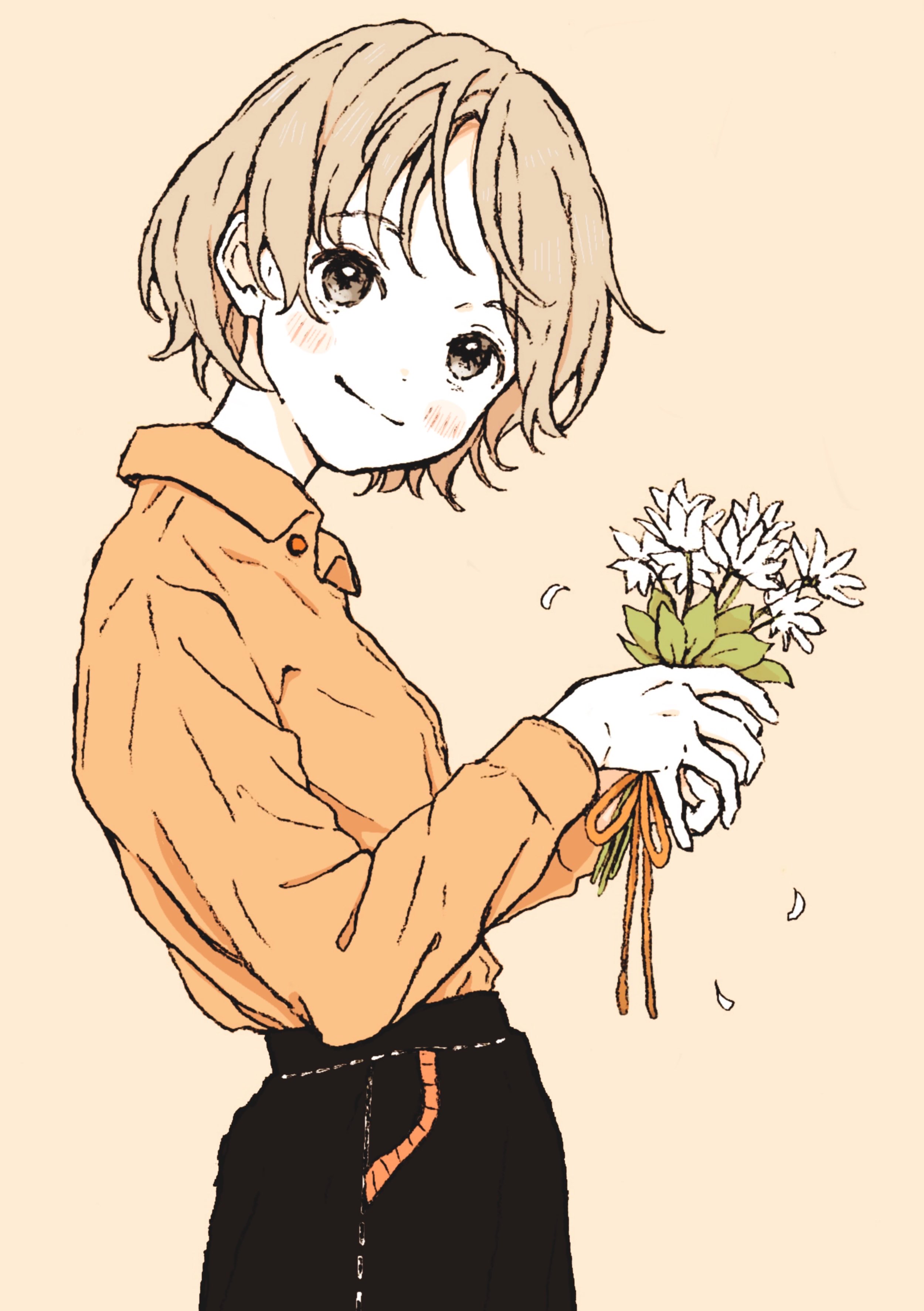 usakonbu22, original, absurdres, commentary, highres, 1girl, blonde hair, blush, bouquet, bow, brown eyes, collared shirt, cowboy shot, flower, from side, head tilt, holding, holding bouquet, holding flower, long sleeves, orange bow, orange shirt, petals, shirt, short hair, smile, solo, standing, tareme