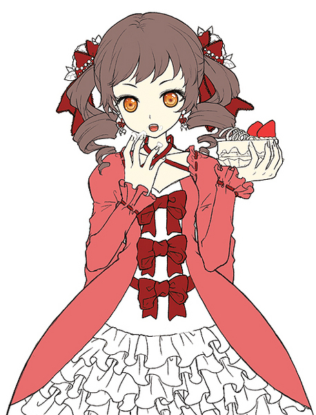 rosa, rosso, 1girl, cake, dolci, dress, female focus, food, lolita fashion, pink theme, red theme, ribbon, solo, torta