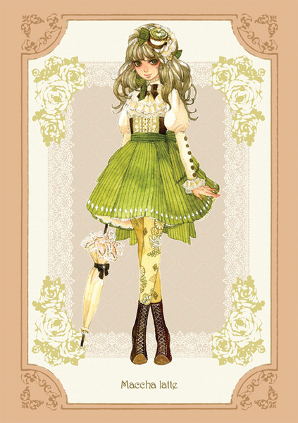 sakizou, original, striped, resized, 1girl, blonde hair, boots, coffee, dress, female focus, floral print, green theme, headdress, lace, lolita fashion, pantyhose, parasol, personification, print pantyhose, skirt, solo, umbrella, vertical stripes, yellow pantyhose