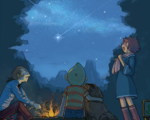 boney, duster (mother), kumatora, lucas (mother 3), mother (series), mother 3, nintendo, lowres, 1girl, 2boys, animal, animal hug, beard, blonde hair, blouse, blue shirt, boots, brown hair, dog, facial hair, multiple boys, mustache, pink boots, pink hair, scarf, shirt, shooting star, short hair, sitting, skewer, sky, smile, star (sky), starry sky, striped clothes, striped shirt