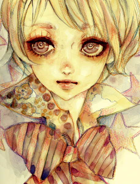 nogaru wako, original, bad tag, colored pencil (medium), resized, traditional media, watercolor (medium), 1girl, blonde hair, bowtie, pixiv thumbnail, ribbon, ringed eyes, solo, upper body