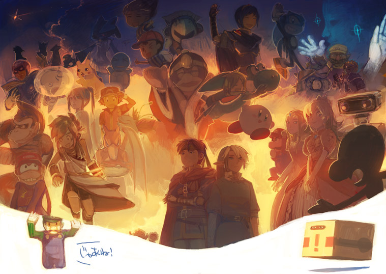 bowser, captain falcon, charizard, crazy hand, diddy kong, donkey kong, falco lombardi, family computer robot, fox mccloud, ganondorf, ice climbers, ike (fire emblem), ivysaur, jigglypuff, king dedede, kirby, link, lucario, lucas (mother 3), luigi, mario, marth (fire emblem), master hand, meta knight, mr. game & watch, nana (ice climber), ness (mother 2), olimar, pikachu, pit (kid icarus), popo (ice climber), princess peach, princess zelda, red (pokemon), red (pokemon frlg), samus aran, solid snake, sonic the hedgehog, squirtle, tabuu, toon link, wario, wolf o'donnell, yoshi, donkey kong (series), donkey kong country, f-zero, fire emblem, fire emblem: mystery of the emblem, fire emblem: path of radiance, game & watch, ice climber, kid icarus, kirby (series), mario (series), metal gear (series), metroid, mother (series), mother 2, mother 3, nintendo, pikmin (series), pokemon, pokemon frlg, sonic (series), star fox, super smash bros., the legend of zelda, warioware, !, 00s, 4girls, 6+boys, absolutely everyone, black hair, blonde hair, blue eyes, blue hair, bodysuit, box, bracer, brown hair, cape, cardboard box, child, crown, epic, everyone, facial hair, furry, gen 1 pokemon, gen 4 pokemon, gloves, hat, headband, helmet, long hair, monkey, multiple boys, multiple girls, mustache, one eye closed, pointy ears, pokemon (creature), ponytail, red hair, smile, zero suit