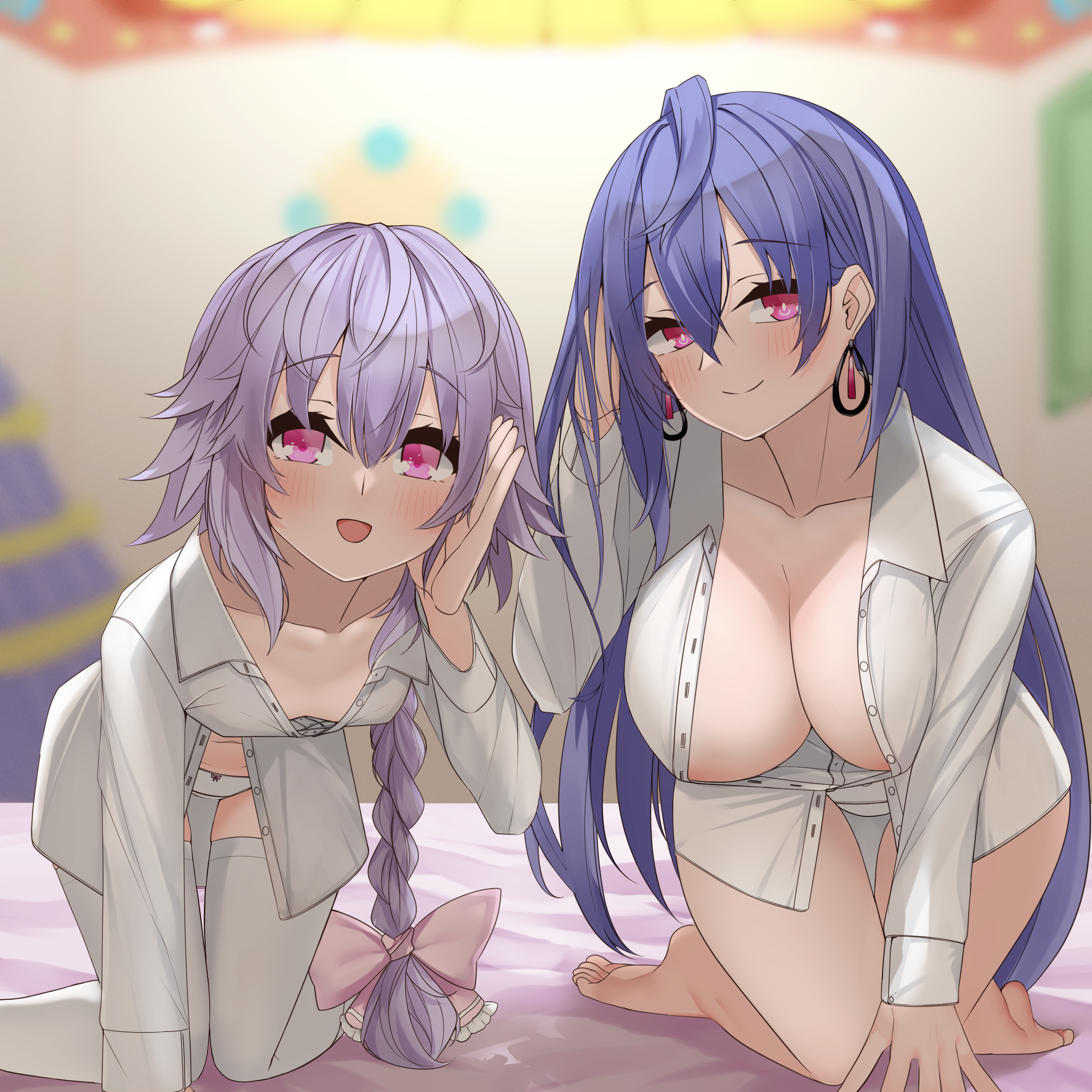dura (dura110), iris heart (neptunia), pururut, kami jigen game neptune v, neptune (series), absurdres, commentary, commission, highres, 2girls, barefoot, blue hair, blush, braid, braided ponytail, breasts, center opening, cleavage, closed mouth, dual persona, earrings, jewelry, large breasts, long hair, looking at another, mature female, multiple girls, naked shirt, on bed, open clothes, open mouth, open shirt, purple eyes, purple hair, shirt, smile, thighhighs, white thighhighs