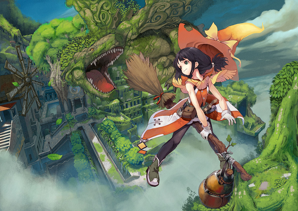saitou takeo, original, 1girl, black pantyhose, broom, broom riding, city, coat, dragon, female focus, flying, gloves, hat, long hair, low-tied long hair, monster, nature, orange hat, pantyhose, sleeveless, sleeveless coat, solo, unworn hat, unworn headwear, witch, witch hat