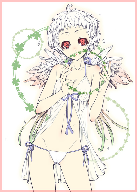 redrop, gagraphic, original, bad id, bad pixiv id, 1girl, angel wings, border, clover, female focus, flat chest, four-leaf clover, lingerie, navel, panties, red border, red eyes, short hair, side-tie panties, solo, standing, underwear, white hair, wings