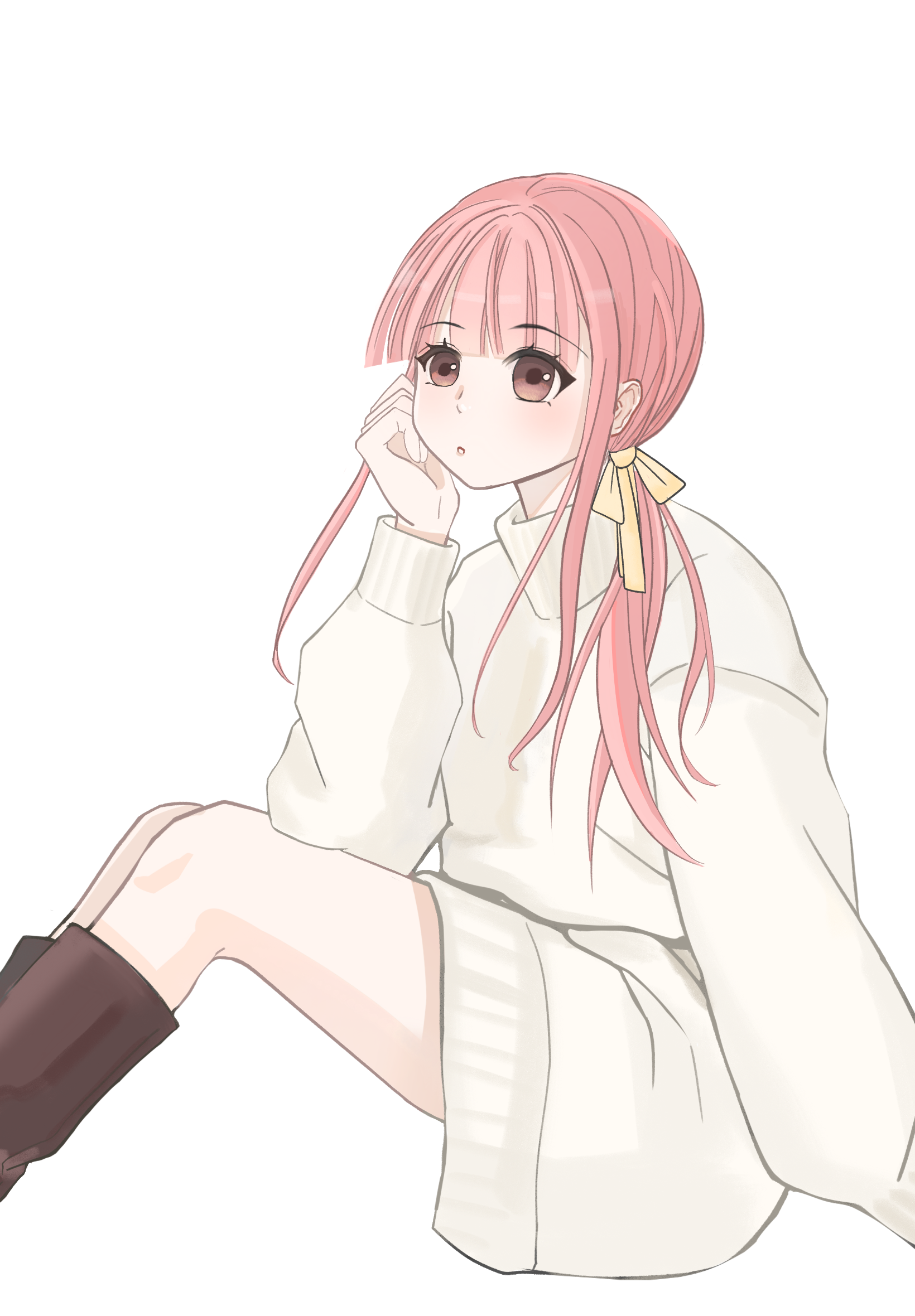 moeansang, nikki (nikki), nikki (series), chinese commentary, commentary request, highres, 1girl, :o, blunt bangs, boots, bow, brown boots, brown eyes, elbow on thigh, expressionless, eyelashes, eyes visible through hair, feet out of frame, hair bow, hair over shoulder, hand on own cheek, hand on own face, knee boots, knees, knees up, light blush, long hair, long sidelocks, long sleeves, looking ahead, low ponytail, open mouth, oversized clothes, pink hair, ponytail, puffy long sleeves, puffy sleeves, sidelocks, sitting, solo, sweater, transparent background, turtleneck, turtleneck sweater, white sweater, yellow bow