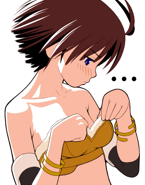 nekopuchi, kikuchi makoto, idolmaster, idolmaster (classic), idolmaster 1, …, 00s, 1girl, ahoge, antenna hair, bare shoulders, blush, breast conscious, breast envy, breasts, brown hair, collarbone, female focus, flat chest, looking down, short hair, solo