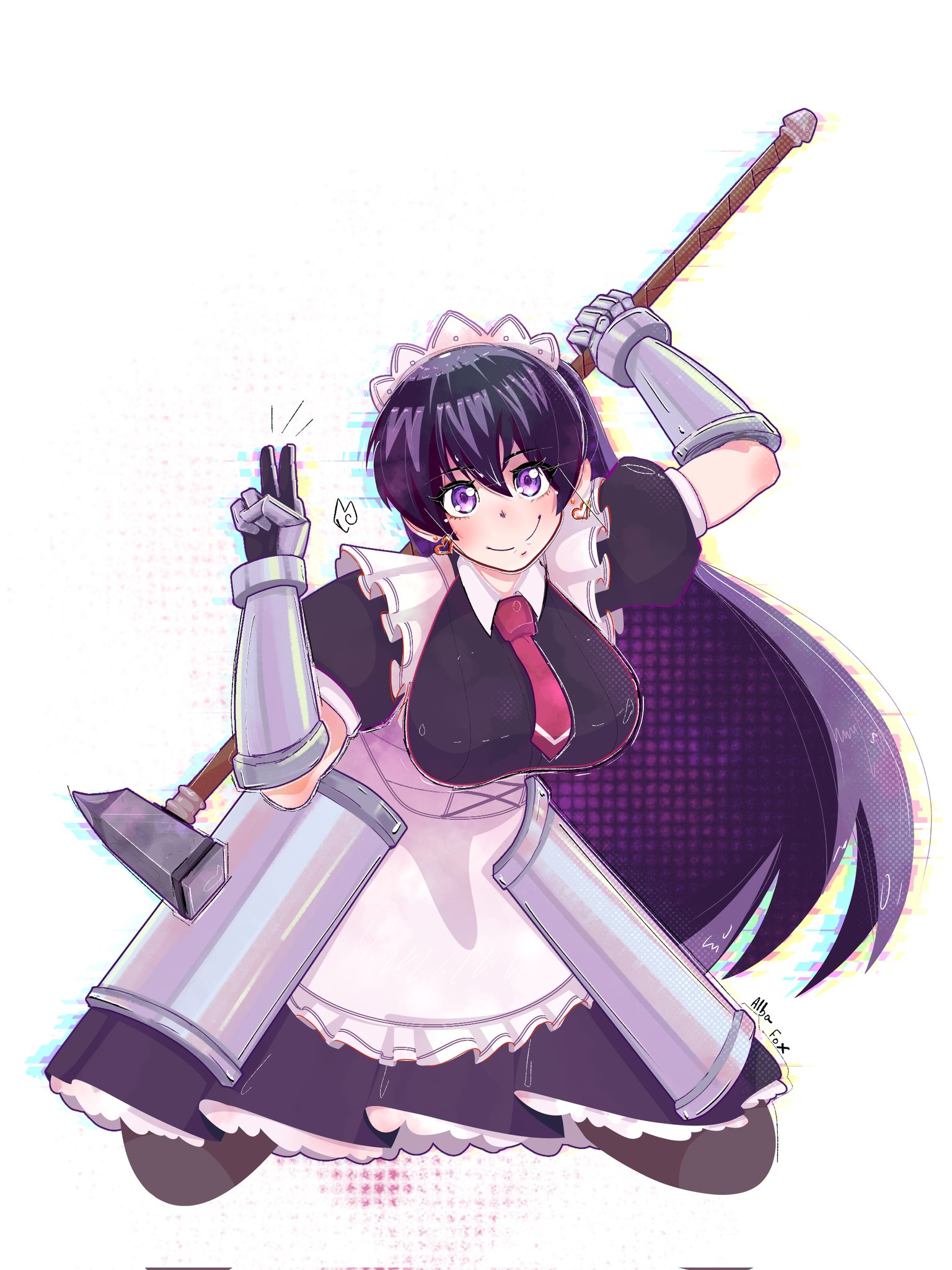 arato nagi, ruri no houseki, highres, 1girl, alba fox, apron, armored skirt, black dress, black hair, black pantyhose, blue eyes, dress, earrings, gauntlets, hammer, heart, heart earrings, holding, holding hammer, jewelry, kneeling, long hair, looking at viewer, maid, maid apron, official alternate costume, pantyhose, puffy short sleeves, puffy sleeves, short sleeves, simple background, solo, standing, war hammer, weapon, white apron, white background