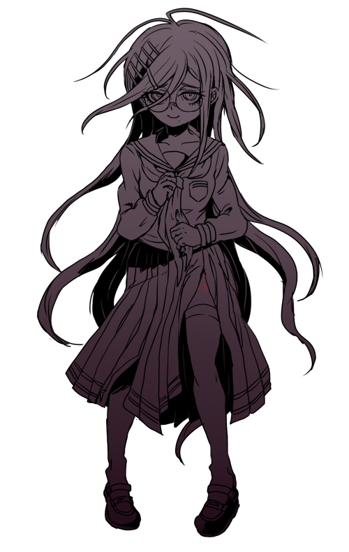 saita794, fukawa toko, danganronpa (series), danganronpa another episode: ultra despair girls, commentary request, 1girl, breast pocket, closed mouth, collared shirt, eyelashes, full body, glasses, hair between eyes, hair ornament, hairclip, long hair, long skirt, long sleeves, messy hair, monochrome, neckerchief, pocket, round eyewear, sailor collar, scar, scar on leg, school uniform, serafuku, shirt, shoes, simple background, skirt, smile, solo, standing, tally, thighhighs, torn clothes, torn neckerchief, torn skirt, white background