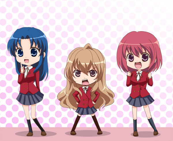 sinko (sinsin), aisaka taiga, kawashima ami, kushieda minori, toradora!, 00s, blue eyes, blue hair, brown hair, chibi, pink eyes, pink hair, thighhighs
