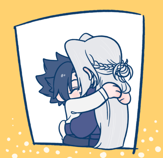 105zz, sephiroth, zack fair, crisis core final fantasy vii, final fantasy, final fantasy vii, 2boys, arm around waist, arms around neck, black hair, black pants, black shirt, border, braid, chibi, chibi only, closed eyes, grey hair, half updo, hug, multiple boys, pants, parted bangs, shirt, short hair, side braid, smile, upper body, white background, white shirt, yaoi, yellow border