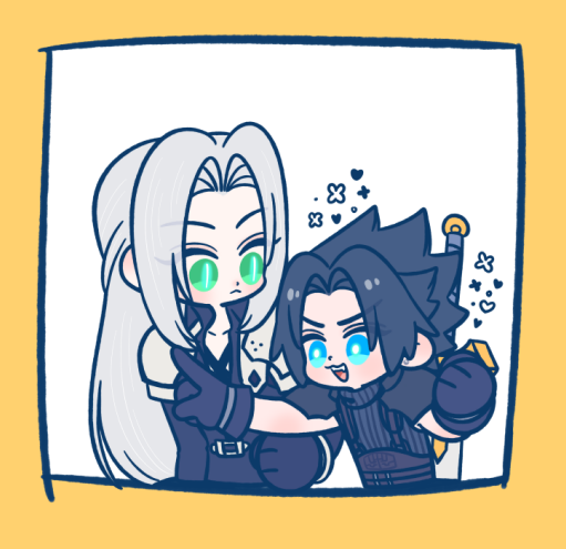105zz, sephiroth, zack fair, crisis core final fantasy vii, final fantasy, final fantasy vii, 2boys, armor, belt, black coat, black gloves, black hair, blue eyes, brown belt, chest strap, chibi, chibi only, clenched hand, coat, furrowed brow, gloves, green eyes, grey hair, long hair, looking at another, male focus, multiple boys, open mouth, parted bangs, pauldrons, pointing, short hair, shoulder armor, sleeveless, sleeveless turtleneck, slit pupils, smile, suspenders, sword, sword on back, turtleneck, upper body, weapon, weapon on back, white background, yellow background