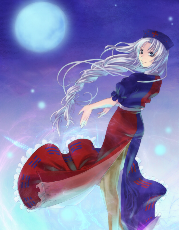 ragi, ragi (raging), yagokoro eirin, touhou, silver hair, 1girl, back-seamed legwear, braid, cross, female focus, grey eyes, hat, long hair, looking at viewer, looking back, moon, nurse cap, pantyhose, seamed legwear, short sleeves, smile, solo, trigram