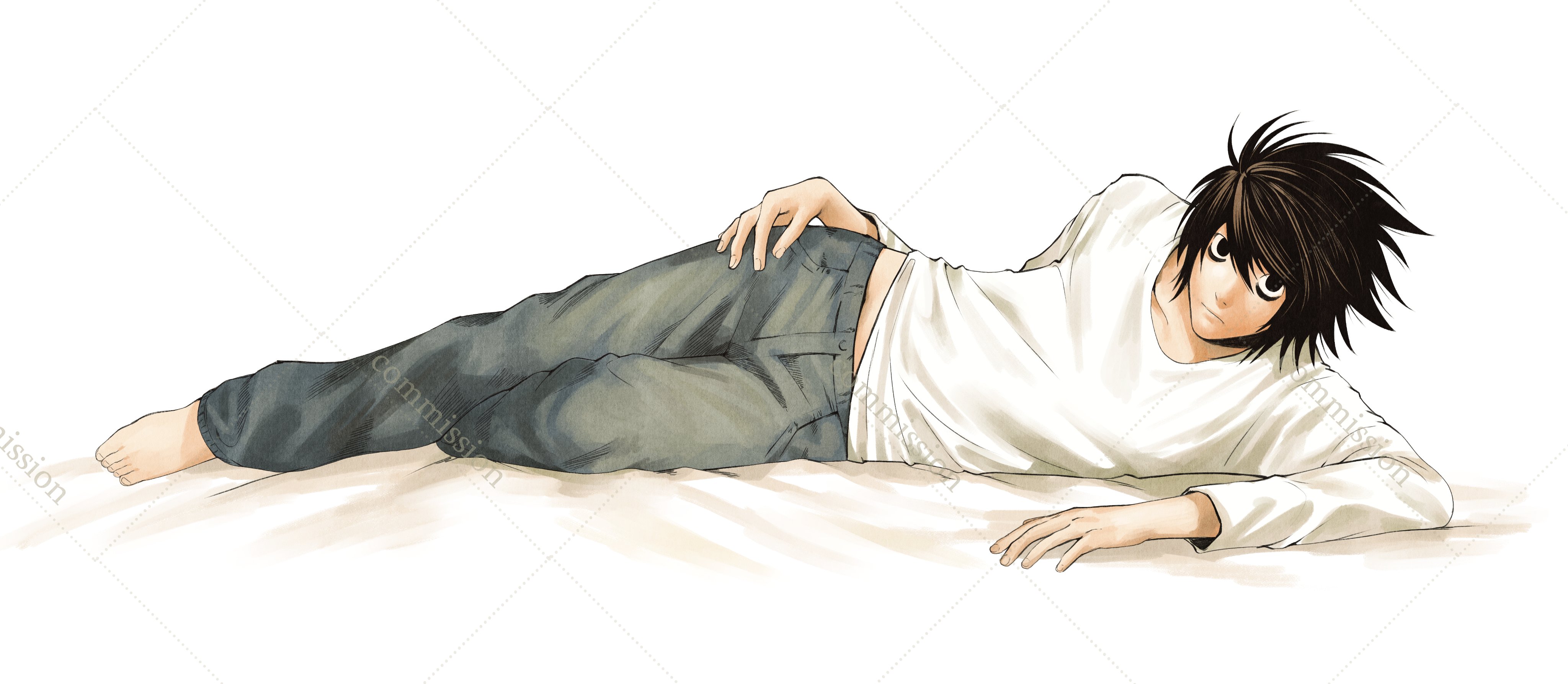 nifast (greentail), l (death note), death note, absurdres, commission, highres, 1boy, bags under eyes, barefoot, black eyes, black hair, closed mouth, denim, hair between eyes, jeans, long sleeves, looking at viewer, male focus, midriff peek, pants, pocket, shirt, short hair, simple background, solo, white background, white shirt