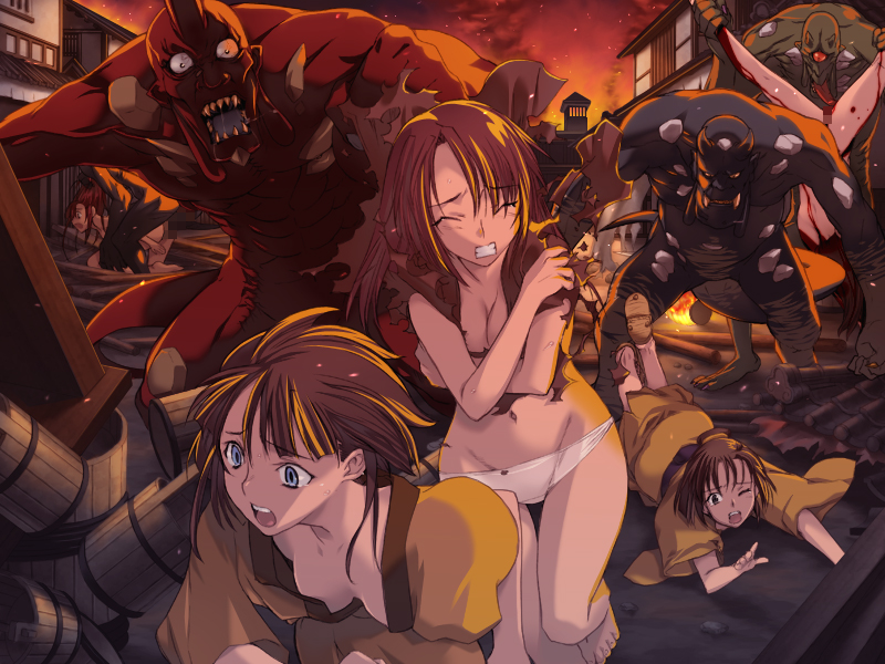orion, orion (orionproject), rance (series), sengoku rance, game cg, 5girls, barefoot, blood, blue eyes, bottomless, breasts, brown hair, censored, cleavage, clenched teeth, closed eyes, crossed arms, demon, destruction, downblouse, feet, fire, guro, imminent rape, long tongue, lowleg, lowleg panties, monster, multiple girls, no pants, oni, panties, rape, scared, sex, spread legs, tears, teeth, toes, tongue, tongue out, torn clothes, underwear, white panties
