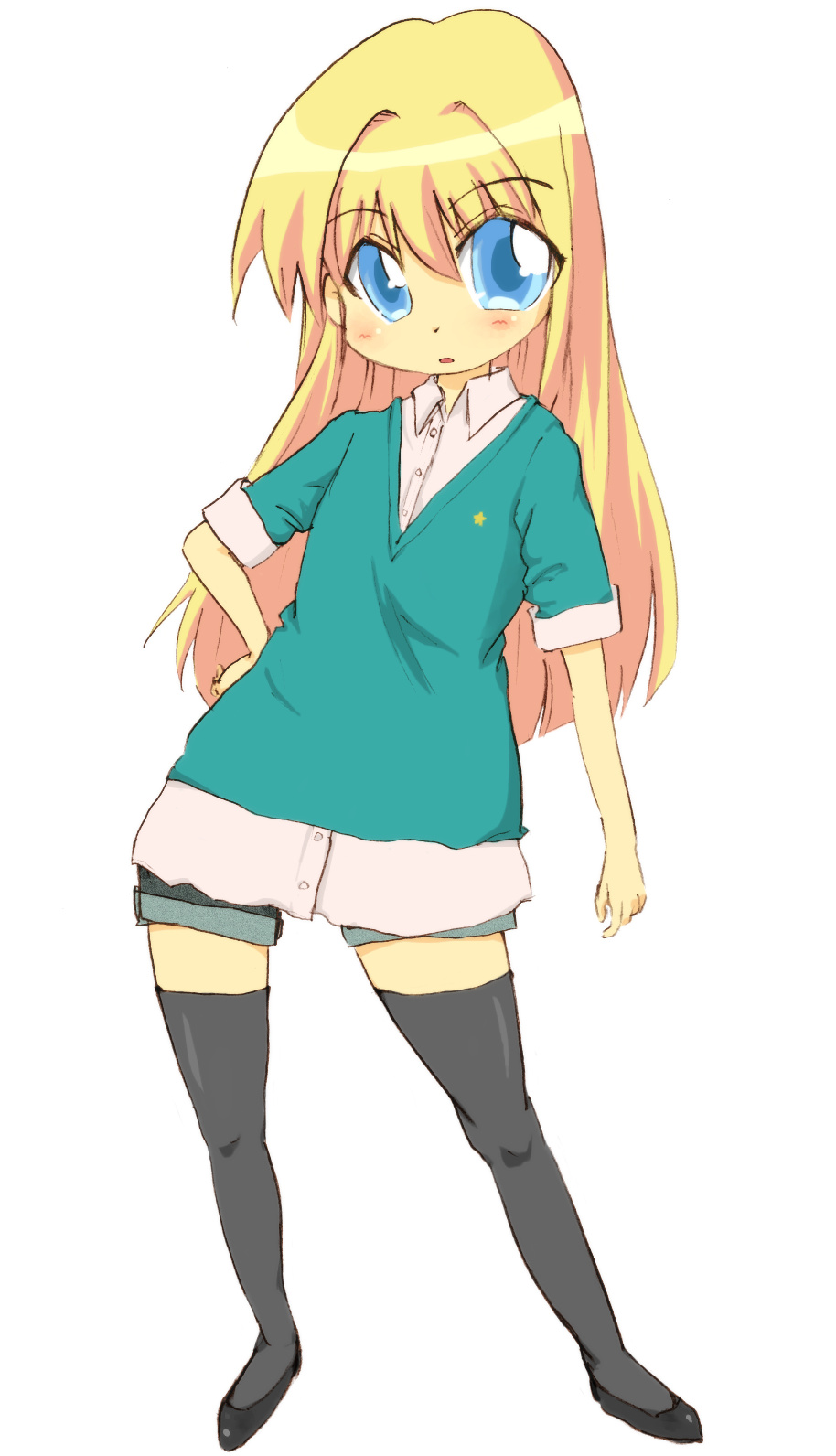 hoshizono yan, rebecca miyamoto, pani poni dash!, bad id, bad pixiv id, highres, 00s, blonde hair, blue eyes, chibi, child, full body, solo, standing, thighhighs