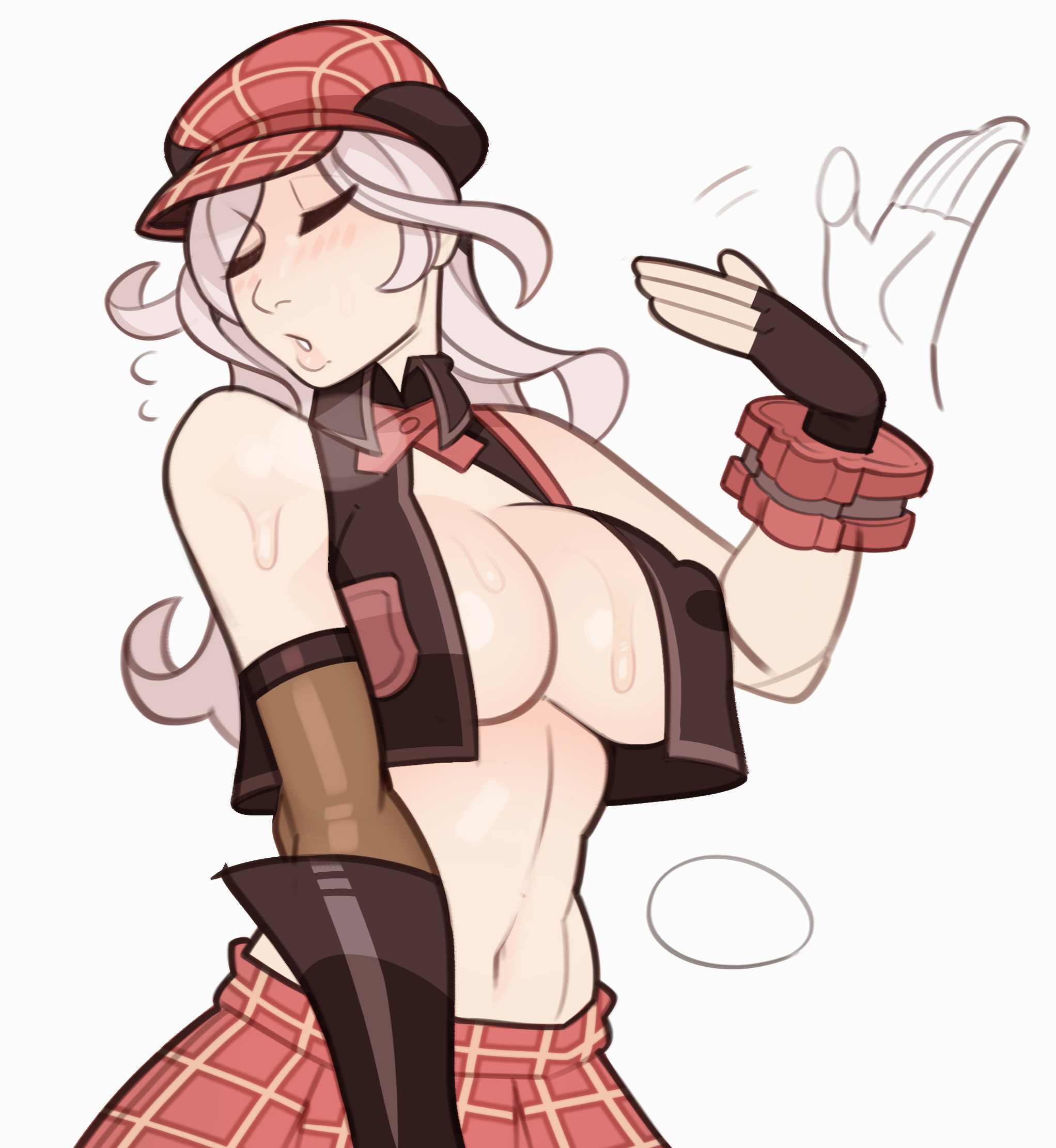 splashbrush, alisa ilinichina amiella, god eater, breasts, cleavage, cuffs, fanning, fanning face, fanning self, flat cap, hat, large breasts, long hair, midriff, navel, plaid clothes, plaid skirt, pleated skirt, simple background, skirt, vest, white hair