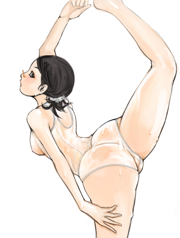 kazaana, original, 1girl, ass, black hair, breasts, brown eyes, female focus, flexible, leg lift, medium breasts, one-piece swimsuit, see-through clothes, short hair, simple background, solo, sweat, swimsuit, yoga